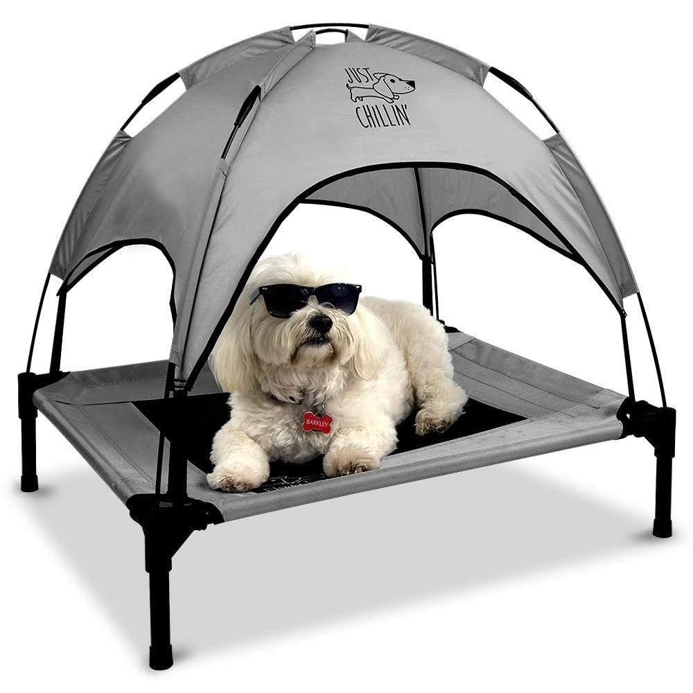 Floppy Dawg Just Chillin' Elevated Cooling Dog Bed - Breathable Mesh Cot with Removable Canopy Shade for Indoor & Outdoor Use - Lightweight Portable Pet Bed for Hot Weather, Patio, Camping & Backyard Relaxation