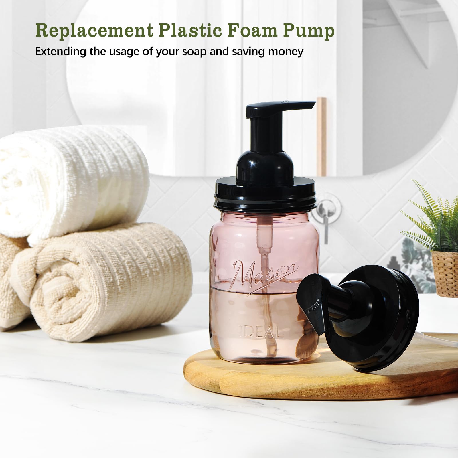 Amolliar Mason Jar Foaming Soap Dispenser Lids - 4 Pack Black Plastic Foam Pump Lids for Regular Mouth Jars | Farmhouse Kitchen & Bathroom Accessories | Includes Waterproof Stickers | Perfect for Hand Soap, Dish Soap & Shower Gel Dispensers