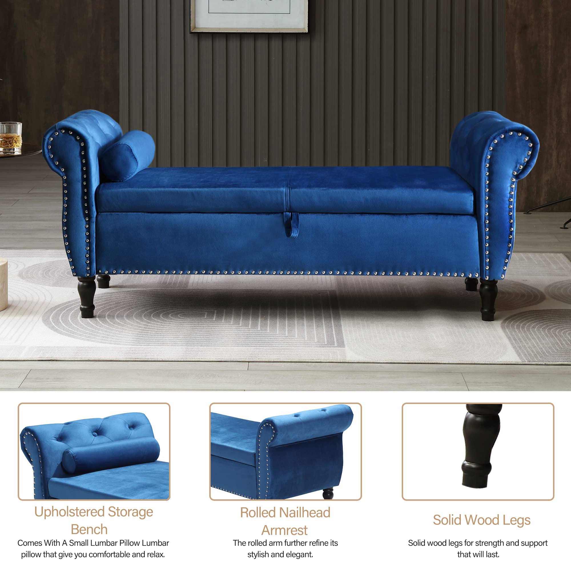 Homtique Velvet Storage Ottoman Bench with Nailhead Trim - Large Upholstered Footrest Seat with Hidden Storage for Living Room, Bedroom, Entryway (Blue) | Perfect for Extra Seating, Shoe Storage & Home Decor