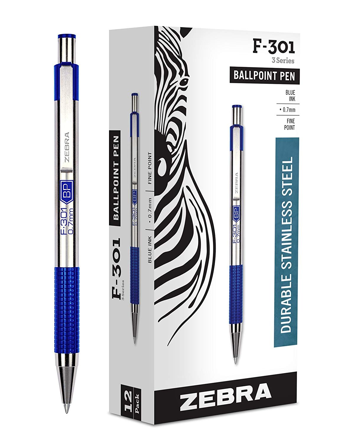 Zebra F-301 Stainless Steel Retractable Ballpoint Pen - Fine Point 0.7mm Blue Ink (12-Pack) - Perfect for Office, School & Everyday Writing Tasks