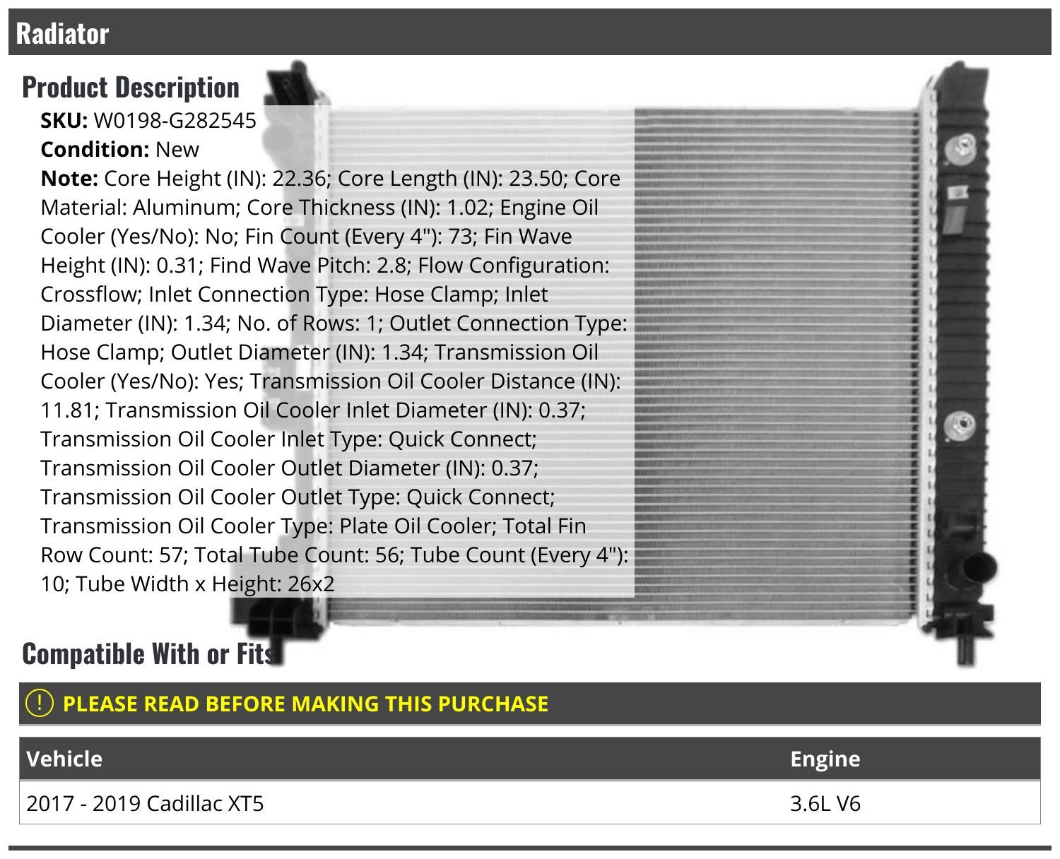 High-Performance Radiator with Transmission Oil Cooler - Compatible with 2017-2019 Cadillac XT5 3.6L V6 - Perfect for Engine Cooling & Transmission Protection in Extreme Weather Conditions