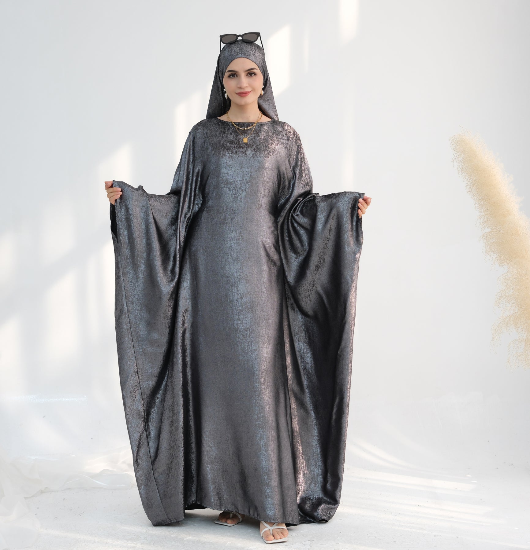 Linora Shimmer Butterfly Abaya - Elegant Gray Islamic Dress for Women | Perfect for Eid, Ramadan & Special Occasions