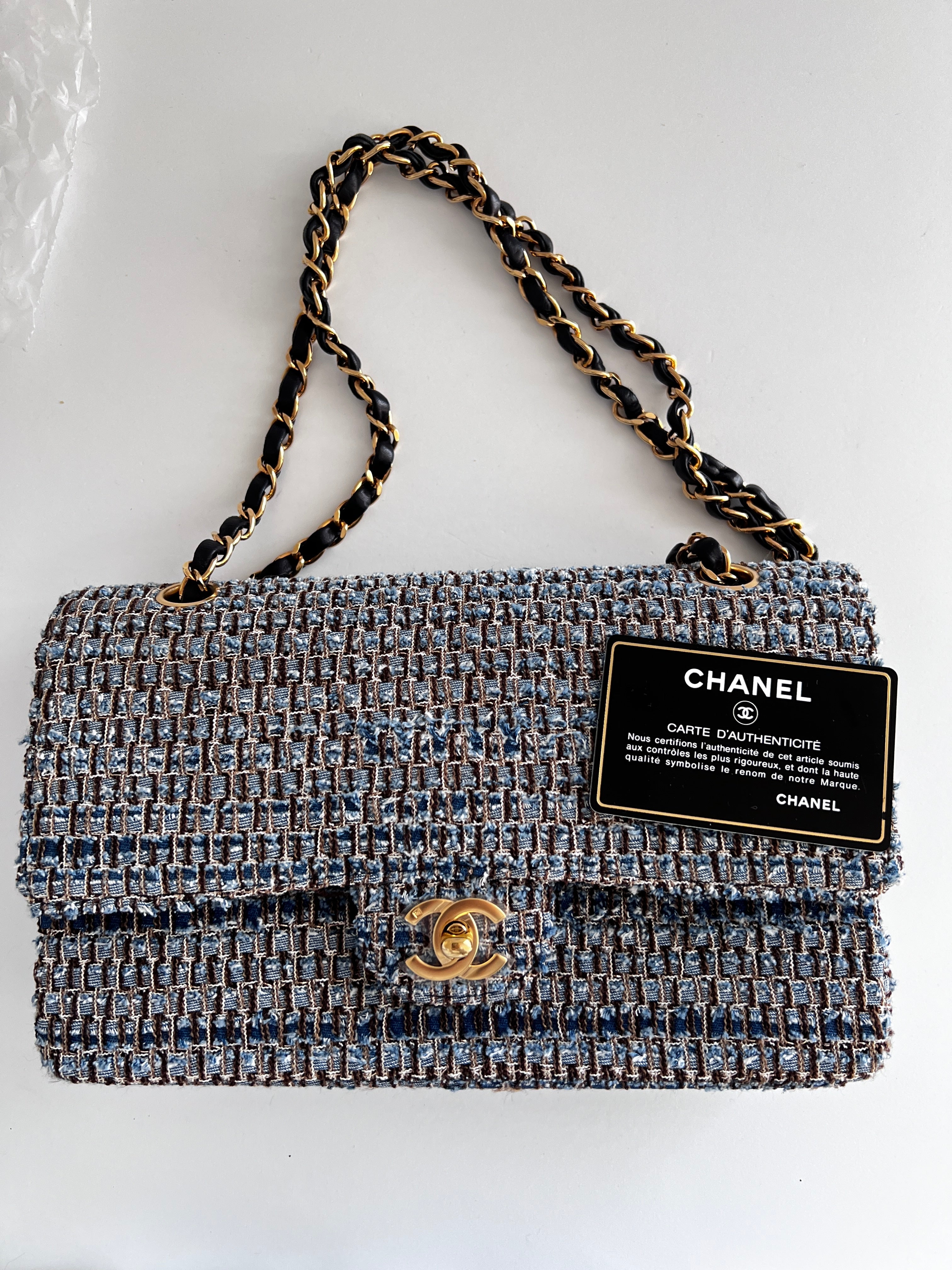 Vintage Chanel Medium Blue Tweed Double Flap Bag - Authentic Pre-Owned Luxury Handbag for Women | Perfect for Parties, Weddings & Special Occasions