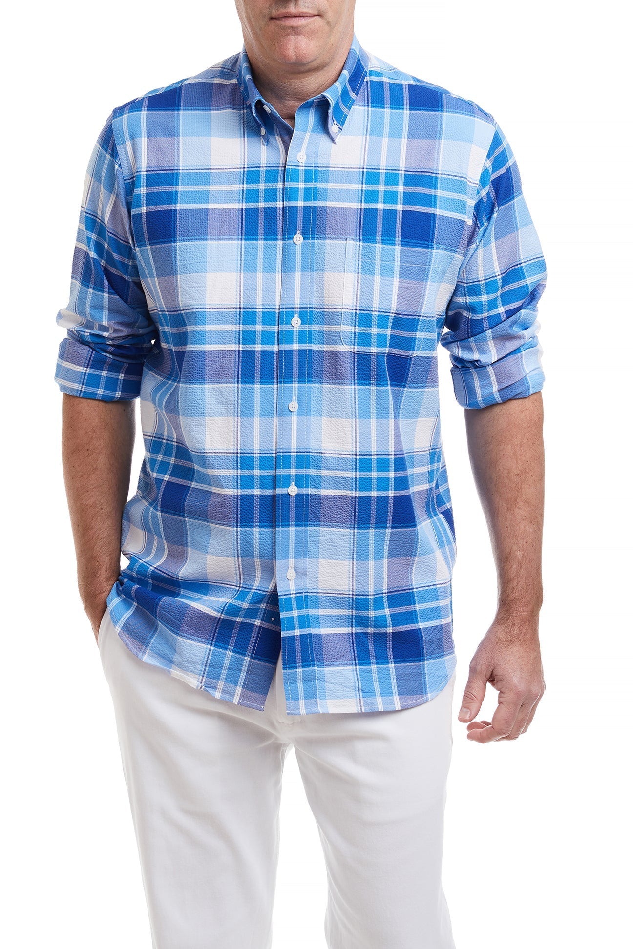 Chase Shirt Blue and Navy Union Seersucker - Stylish Men's Casual Button Down Shirt for Summer & Spring - Perfect for Beach, Office, and Outdoor Activities