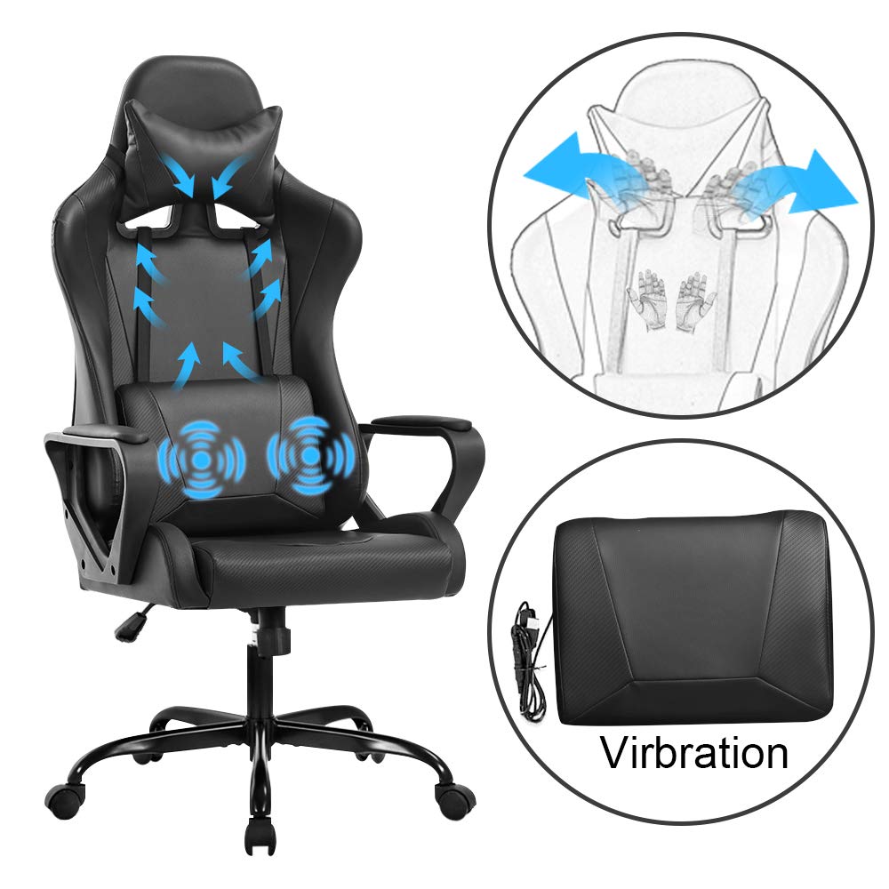 Racing Style Gaming Chair - Ergonomic High Back Office Chair with Adjustable Headrest & Lumbar Support, Swivel Computer Desk Chair for Gaming, Work & Home Use - Black