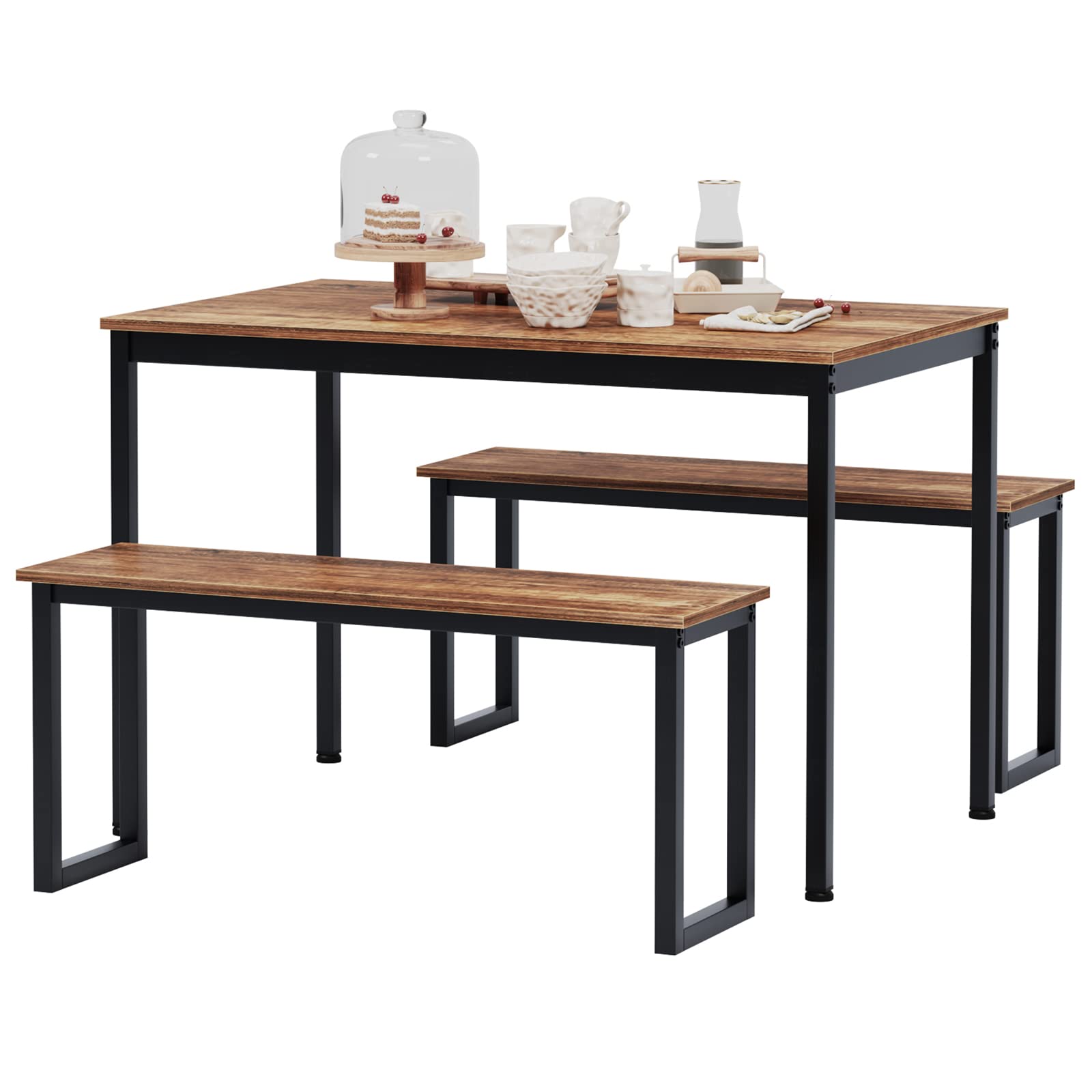 DlandHome 3-Piece Rectangular Dining Table Set with 2 Benches for 4 People - Space Saving Kitchen Table & Chairs in Brown | Perfect for Small Apartments, Breakfast Nooks & Cozy Family Meals