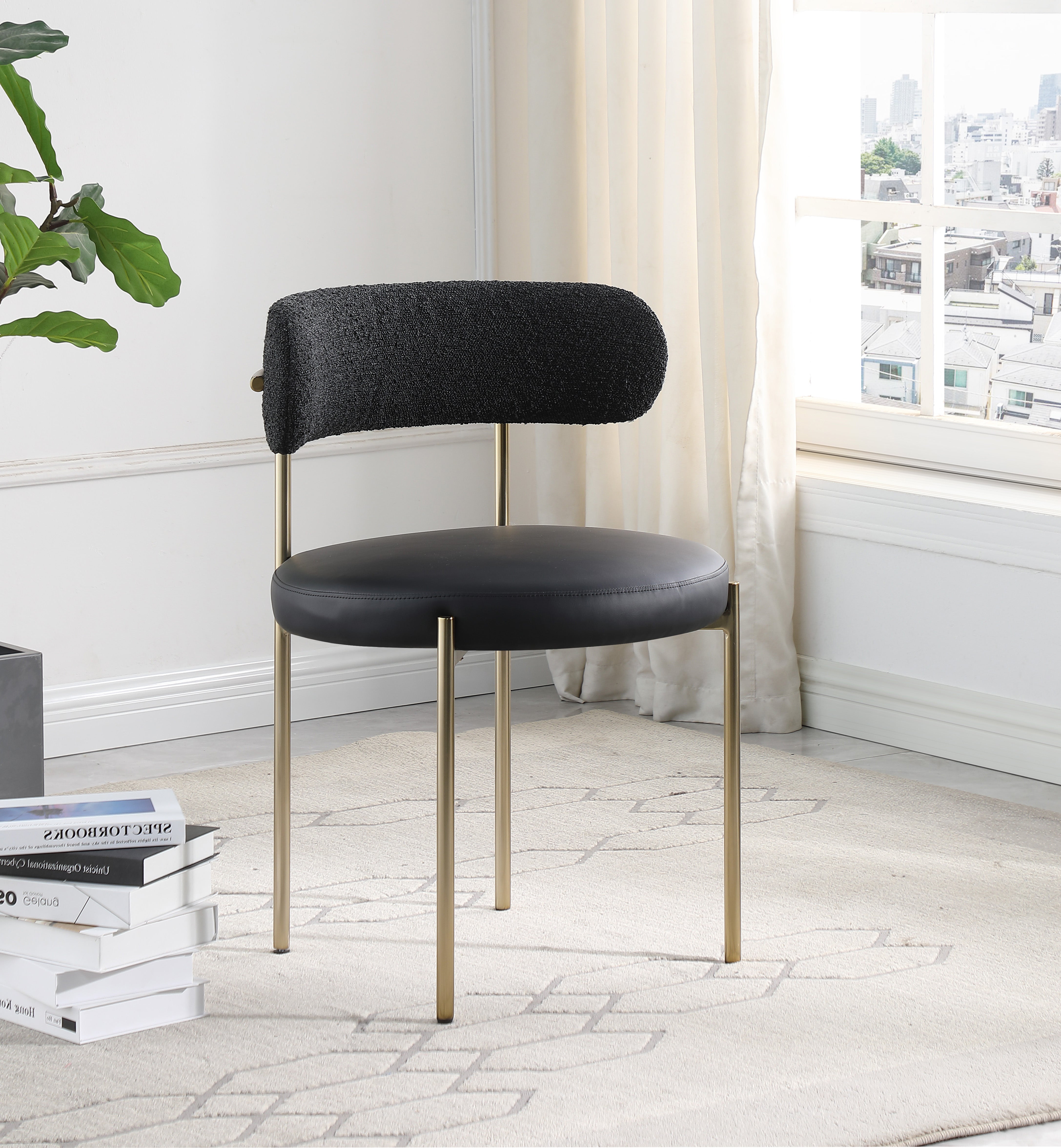 Vegan Leather & Boucle Fabric Dining Chair - Modern Comfortable Kitchen & Dining Room Seating for Home & Office Use