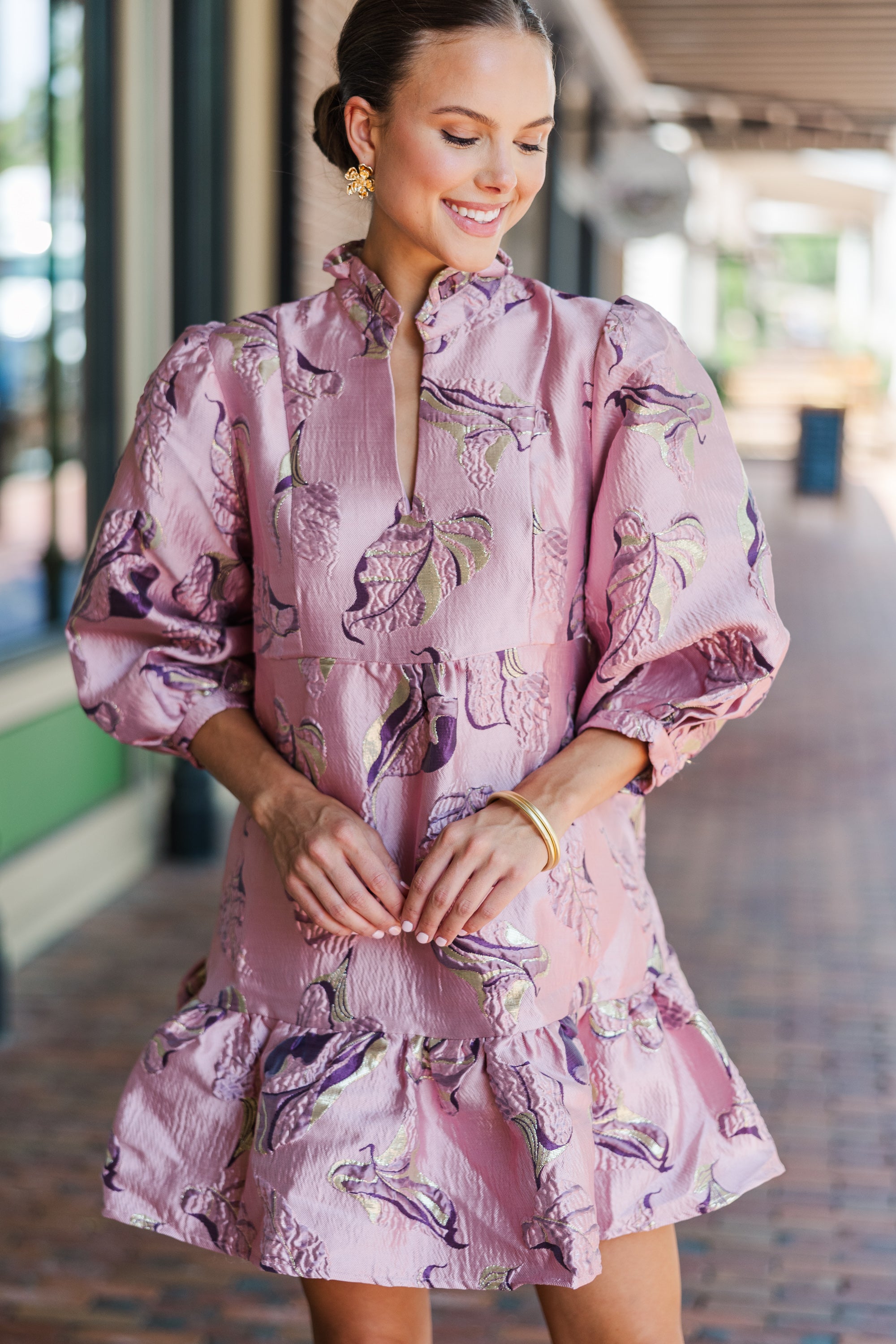 Free To Be Mauve Pink Floral Brocade Babydoll Dress - Elegant Lace Trim Nightwear for Women, Perfect for Date Nights & Special Occasions