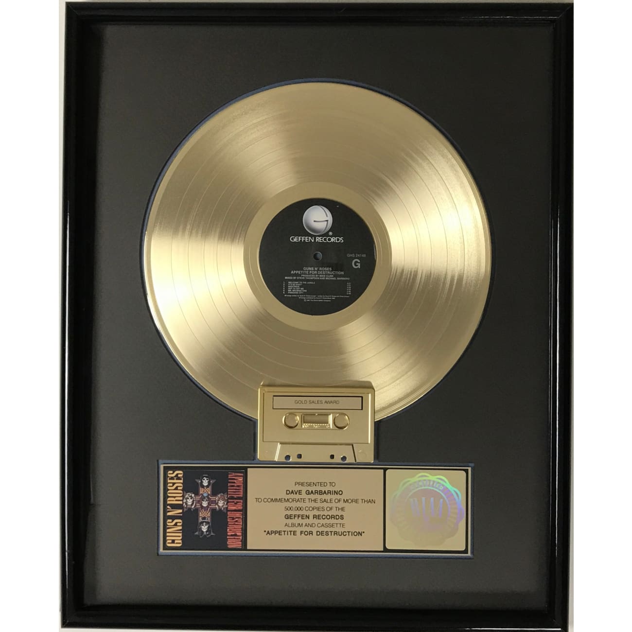 Guns N' Roses Appetite For Destruction RIAA Certified Gold LP Record - Perfect for Music Collectors, Rock Fans & Home Decor Display