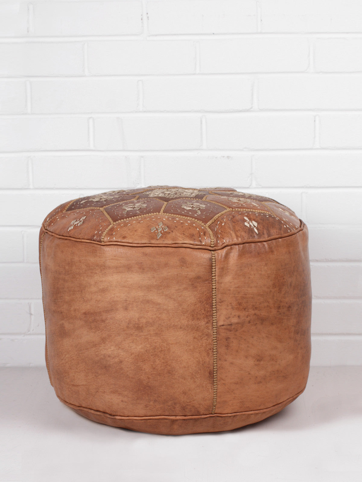 Handmade Moroccan Leather Tile Pouffe Ottoman - Tan Brown Boho Chic Footstool for Living Room, Bedroom & Lounge Decor