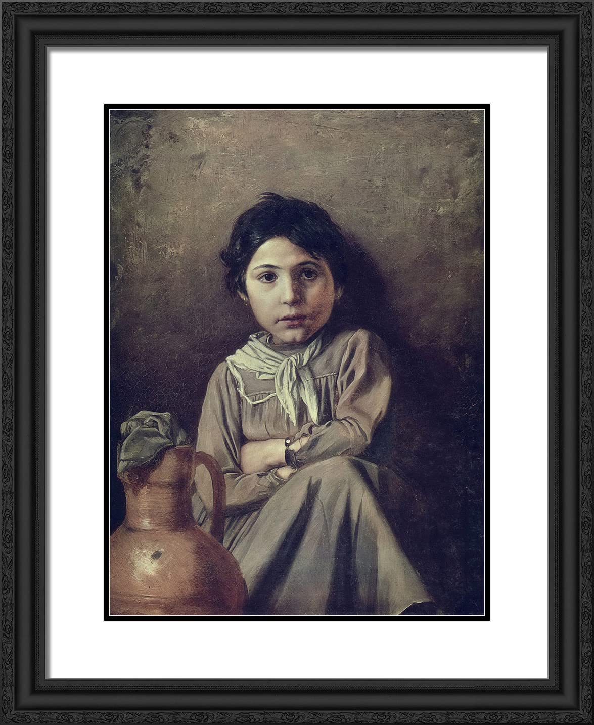 Vasily Perov 'Girl With a Pitcher' 20x24 Inch Black Ornate Framed Art Print with Double Matting - Classic Russian Oil Painting Reproduction for Living Room, Bedroom & Office Decor