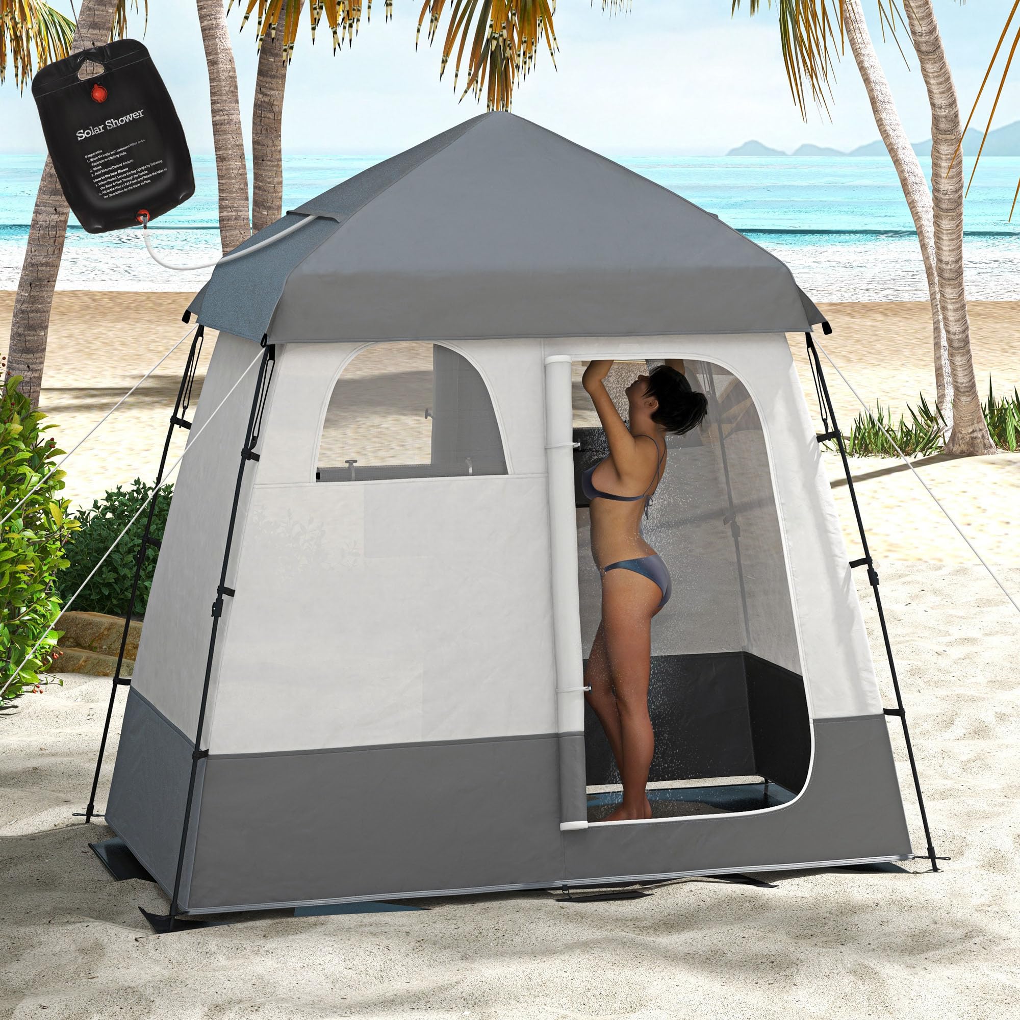 Outsunny Pop Up Shower Tent - 2 Room Portable Privacy Shelter for Camping, Beach, Outdoor Shower & Dressing Room with Carrying Bag | Instant Setup for RV Trips, Backpacking & Poolside Changing
