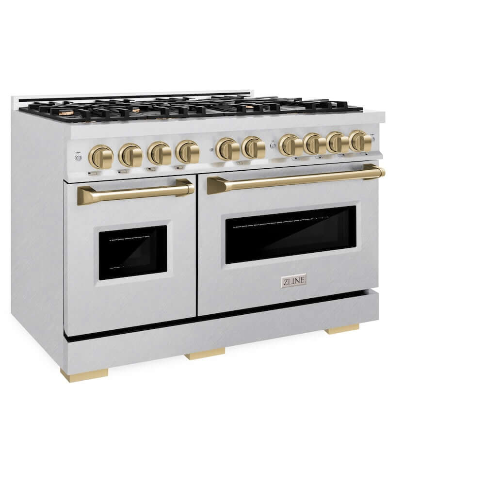ZLINE Autograph Edition 48-inch 6.7 cu. ft. Classic Double Oven Dual Fuel Range with 8-Burner Gas Cooktop in Satin Stainless Steel & Champagne Bronze Accents (CDRSZ 48 CB) - Perfect for Large Kitchens, Professional Chefs & Home Cooking Enthusiasts