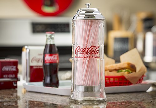 Tablecraft Coca-Cola Glass Straw Dispenser with Metal Lid - Small Retro Drink Accessory for Soda Fountain, Home Bar & Restaurant Use
