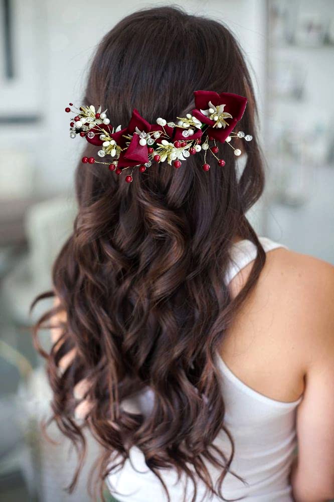 Artificial Lily Flower Hair Clip with Stone & Pearl - Bridal Hair Veil, Juda Bun, Hair Accessories for Women & Girls (Maroon) | Perfect for Weddings, Prom, Parties & Special Occasions