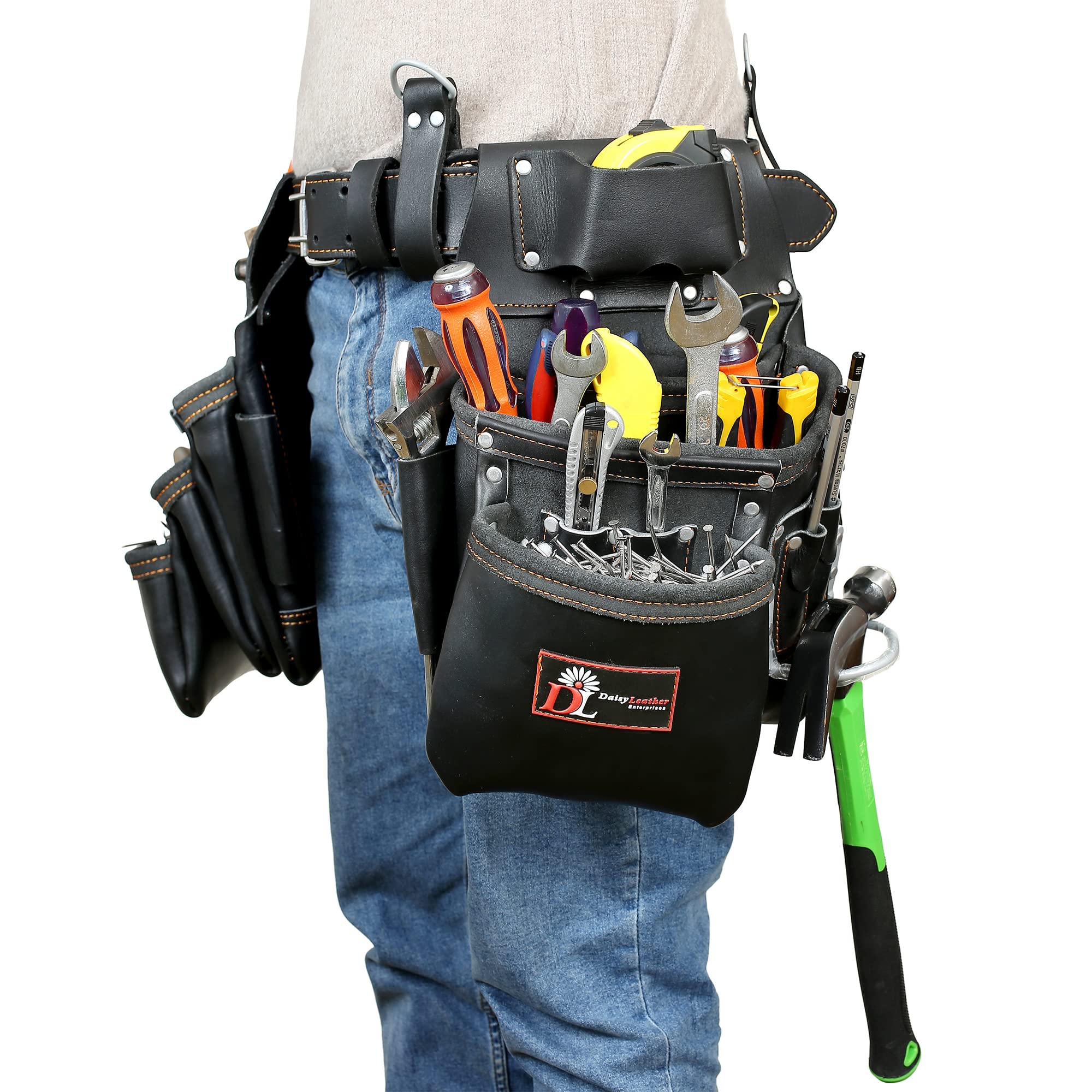 Premium Heavy Duty Leather Tool Belt - Daisy PRO DL-101 Oil-Tanned Carpenter Belt with 25 Pockets for Construction, Woodworking & Electrical Work | Durable Work Belt for Professionals | Black, X-Large | Ideal for Job Sites & DIY Projects