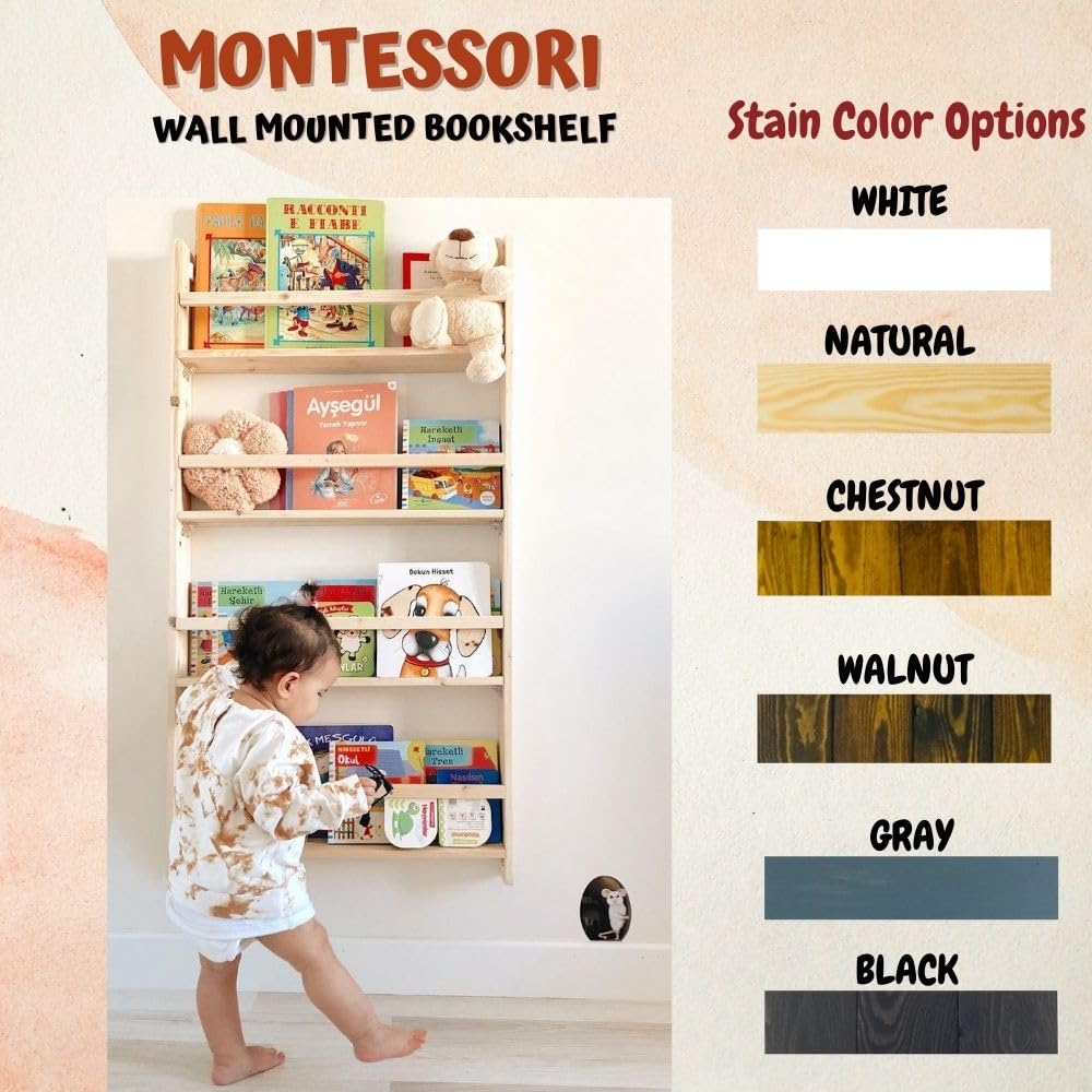 Handmade Solid Wood Montessori Wall Mounted Bookshelf - 4 Tier Kids Book Display Organizer for Nursery, Bedroom & Living Room - Natural Pine Wood Bookcase for Toddlers & Children (Perfect for Montessori Learning & Home Decor)
