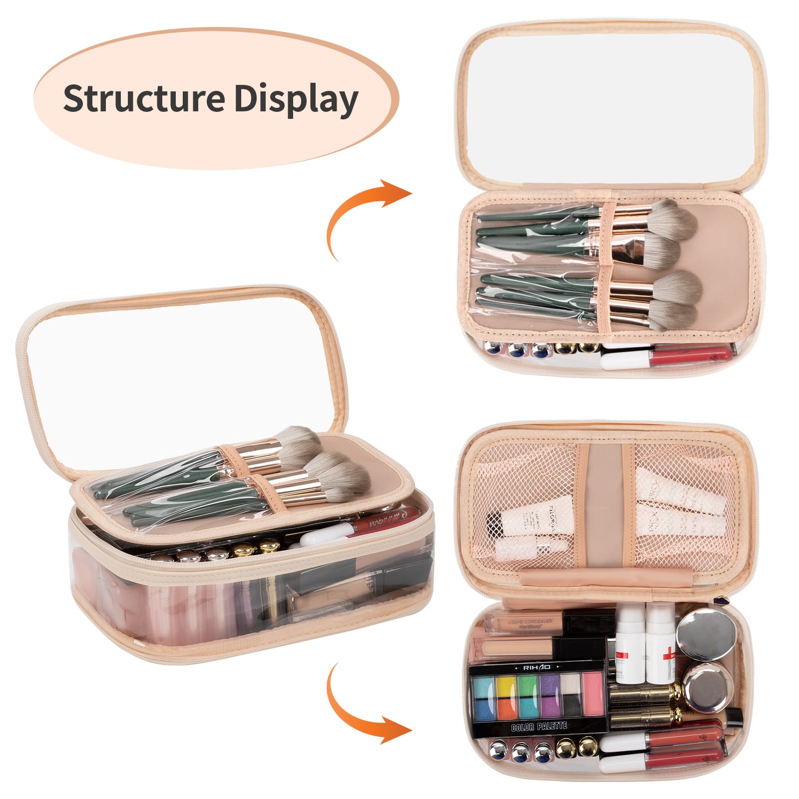 OCHEAL Clear Makeup Bag for Women - Waterproof Travel Cosmetic Organizer with Brush Compartment & Divider - Portable Cute Transparent Pouch for Makeup Storage | Perfect for Travel, Gym, Daily Use & Gift Giving