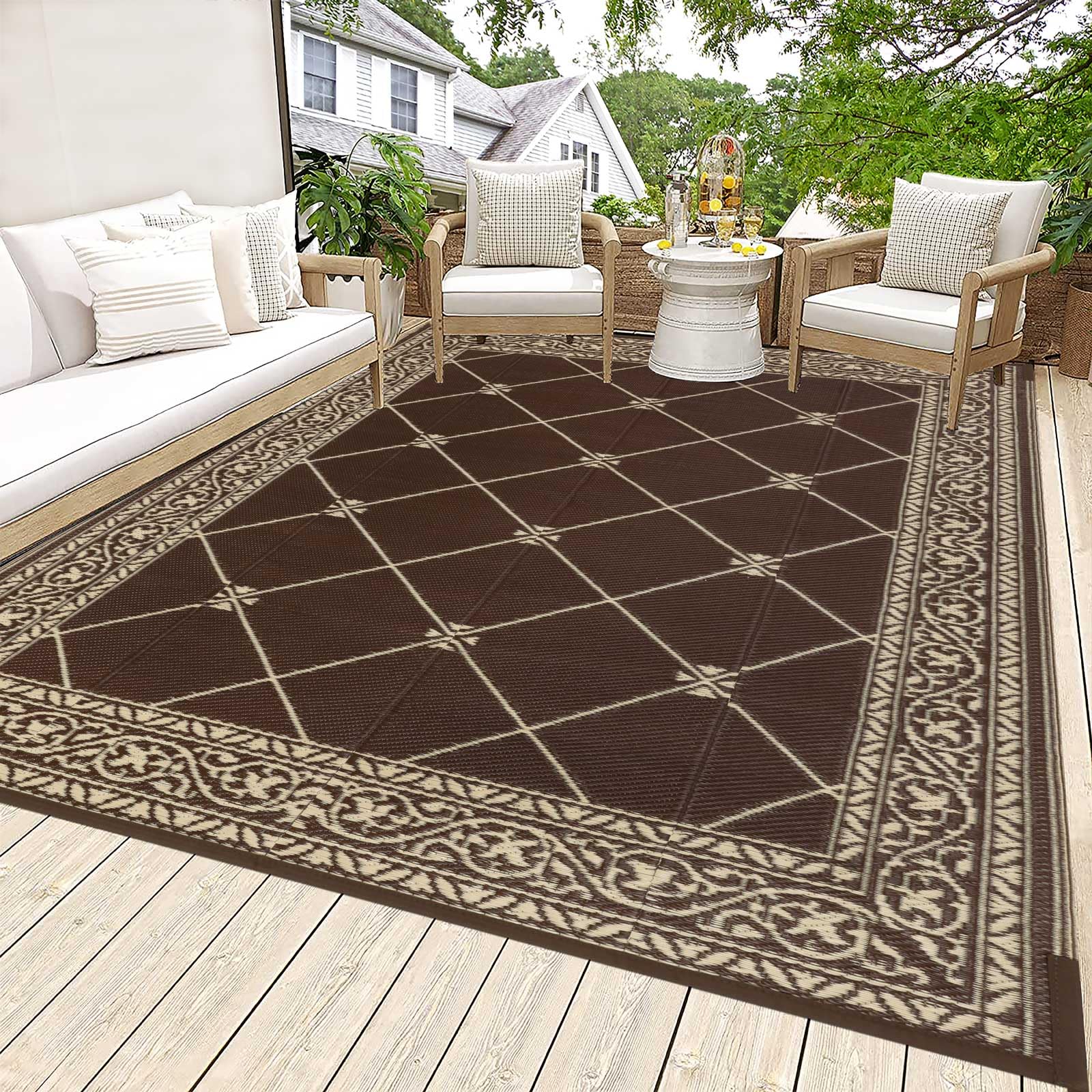 HiiARug Reversible 5'x7' Outdoor Rug - Durable Plastic Straw Patio Mat for Camping, RV, Deck, Backyard, Beach & Picnic - Waterproof & Easy to Clean - Perfect for Outdoor Entertaining & Relaxation (Brown)