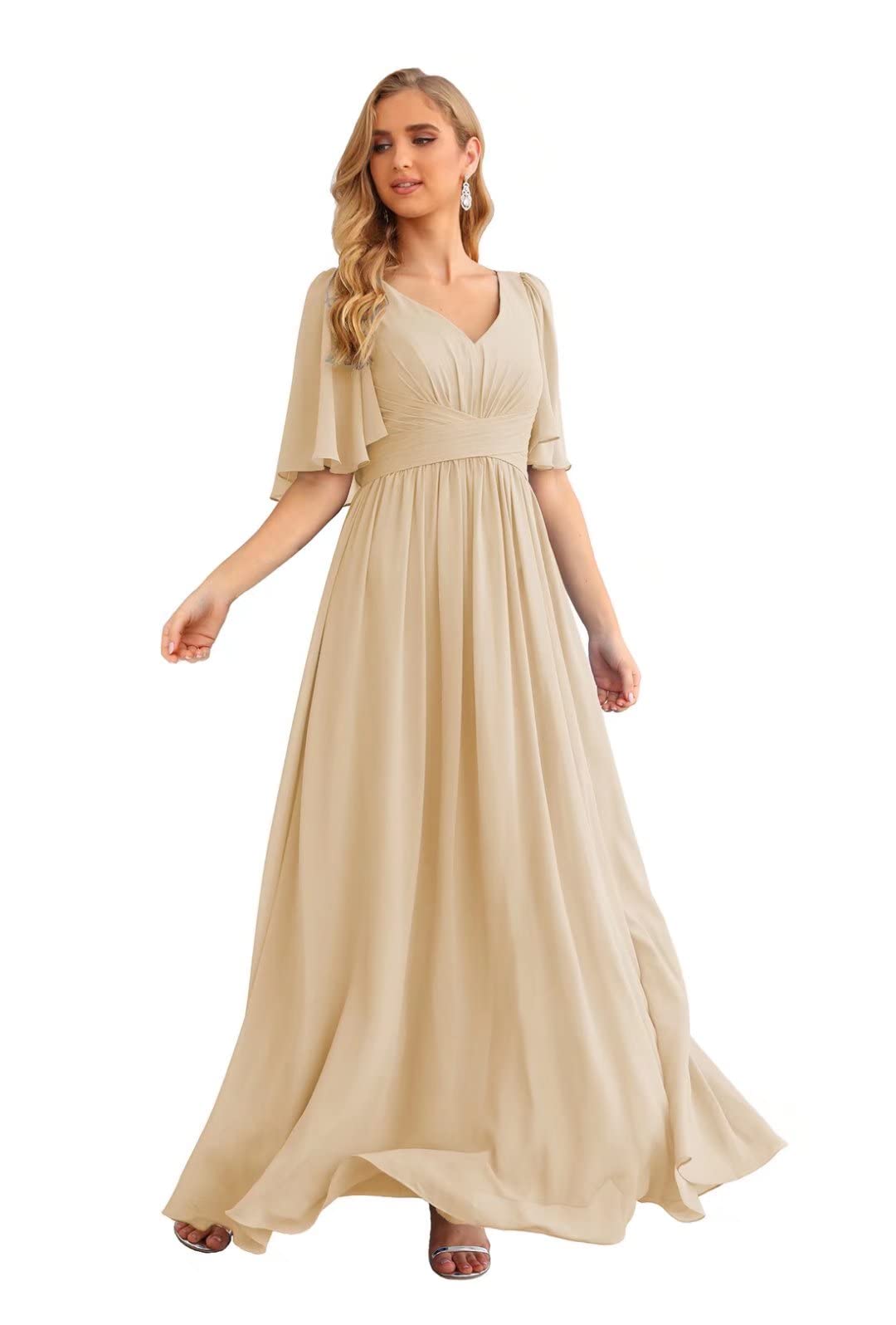 Elegant Ruffles Sleeve Bridesmaid Dresses V Neck Empire Waist Formal Evening Gowns for Wedding Party, Prom, Homecoming & Special Occasions