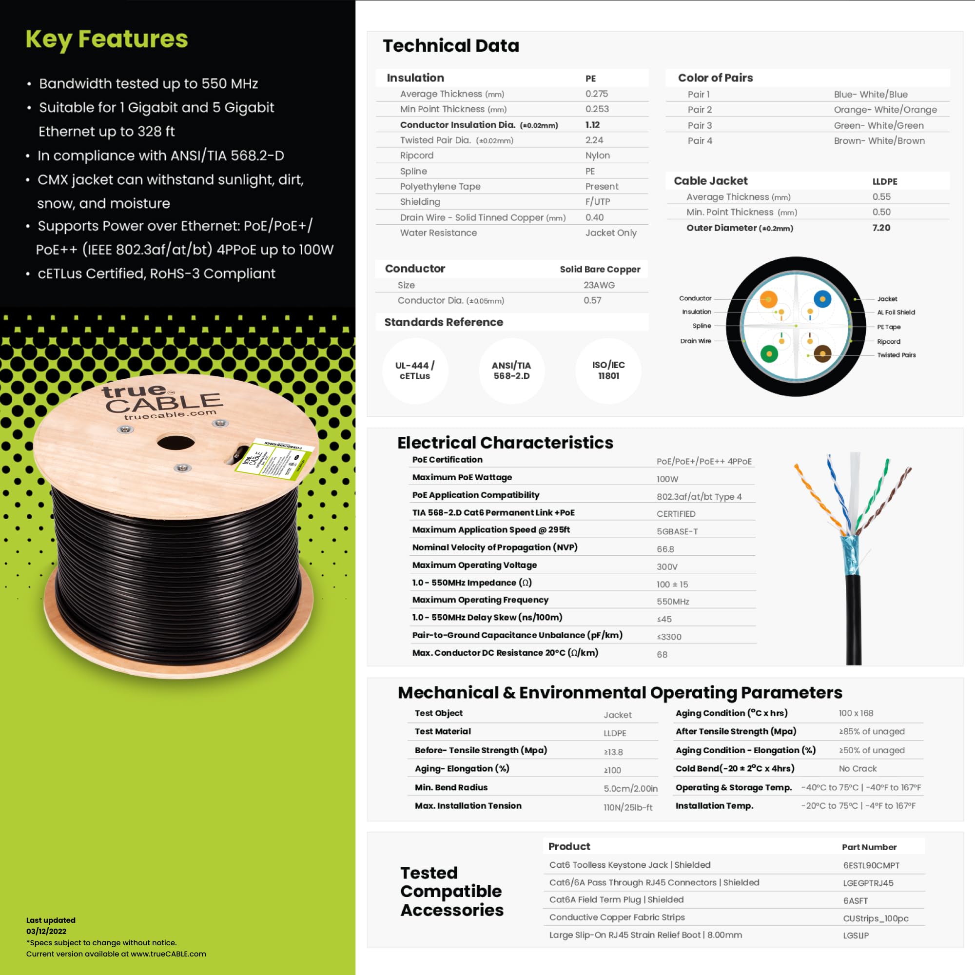 trueCABLE Cat6 Outdoor Shielded Ethernet Cable - 1000ft, UV Resistant, CMX Rated, Black, 23AWG Solid Bare Copper, 550MHz, PoE++ (4PPoE) - Perfect for Outdoor Networking, Security Cameras, and High-Speed Internet Installations