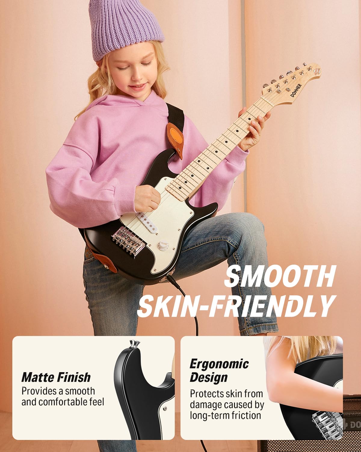 Donner 30 Inch Kids Electric Guitar Beginner Kit - ST Style Mini Electric Guitar for Boys & Girls with Amp, 600D Gig Bag, Tuner, Picks, Cable, Strap & Extra Strings (DSJ-100, Black) - Perfect for Home Practice, Music Lessons & Rockstar Performances