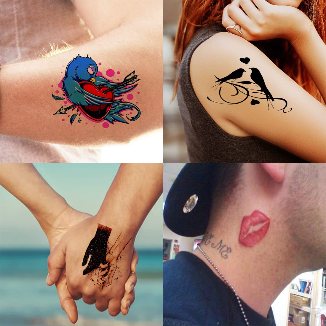 Love Bird & Girl Kiss Temporary Tattoo Stickers - Pack of 4 Waterproof Fake Tattoos for Men & Women (2x4 Inch) - Perfect for Parties, Festivals & Body Art