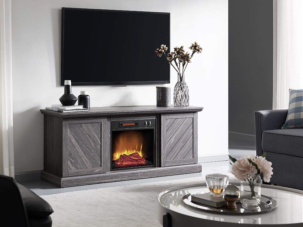 Walden Media Entertainment Console TV Stand - Weathered Gray Raw Wood Finish with Built-in Fireplace - Perfect for Living Room, Home Theater & Cozy Spaces