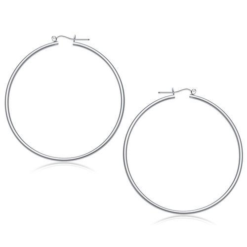 14K White Gold Polished Hoop Earrings - 60mm Diamond-Cut Hoops for Women | Elegant Everyday Jewelry & Special Occasion Gift
