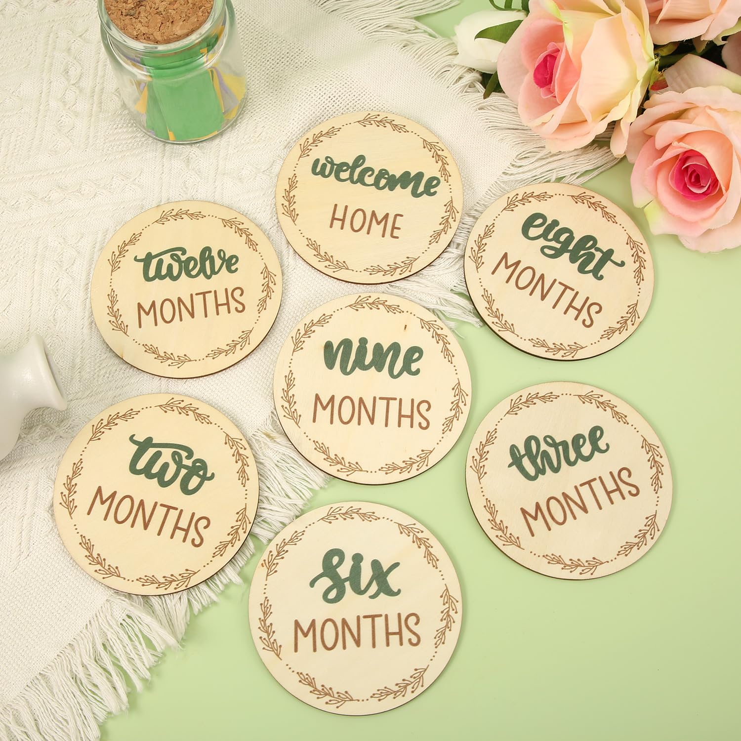 7-Piece Wooden Baby Monthly Milestone Cards Set - Double-Sided 1-12 Months Growth Discs for Baby Boys & Girls | Perfect for Photo Props, Monthly Announcements & Recording Precious Moments