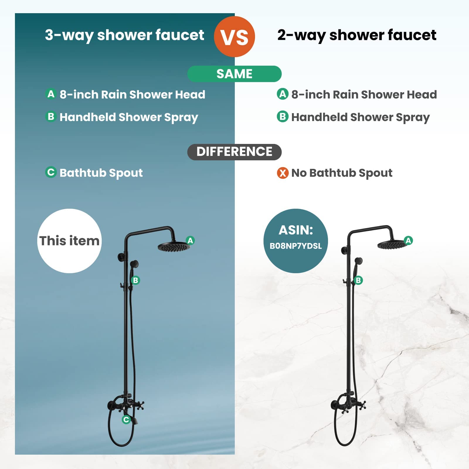 Gotonovo Matte Black Wall Mounted Outdoor Shower System - 8 Inch Rainfall Shower Head with Adjustable Handheld Sprayer & Tub Spout, Double Cross Handles for Bathroom & Garden Use