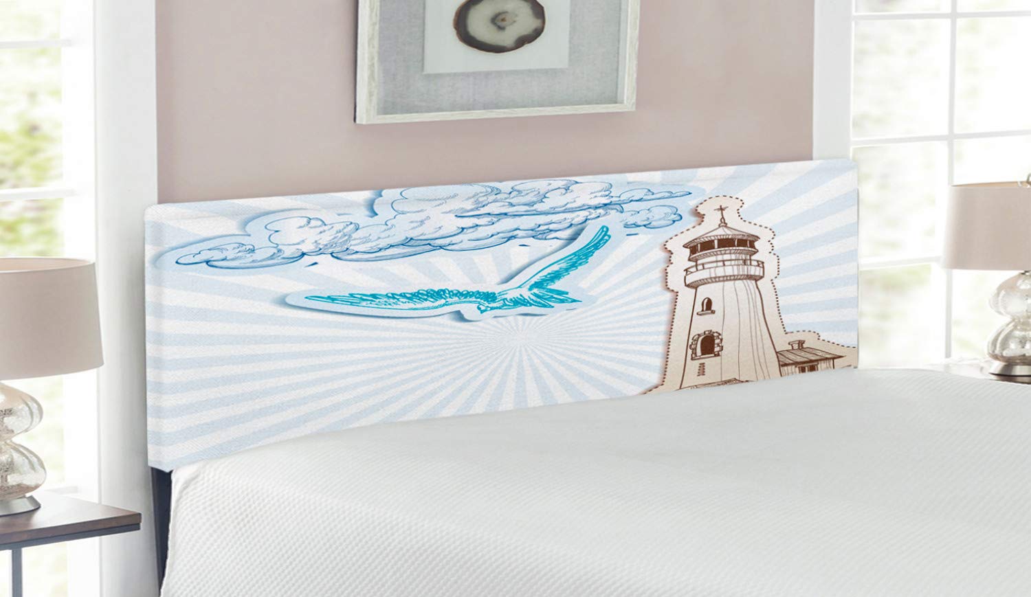 Ambesonne Seagulls Upholstered Headboard - Queen Size Nautical Bed Headboard with Memory Foam, Brown Cream Blue Design - Scrapbook Style Seagull Clouds & Nautical Sketches - Perfect for Coastal, Beach House or Nautical Theme Bedrooms