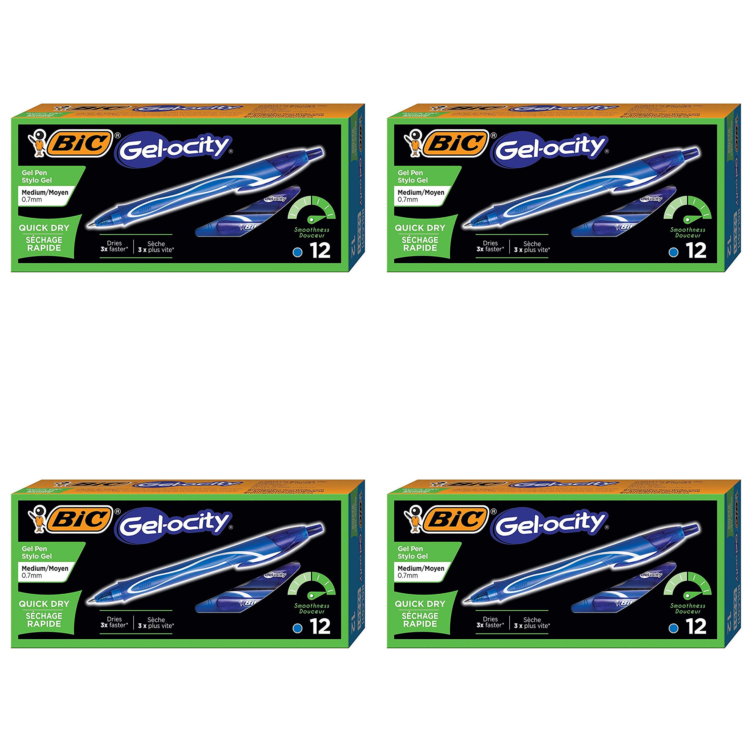 BIC Gel-ocity Quick Dry Retractable Gel Pens - 12 Count (Blue) 4-Pack - Smooth Writing for Office, School & Note Taking