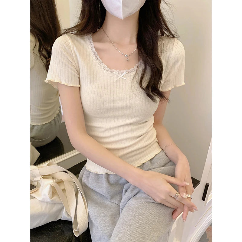 Sexy Apricot Lace Bow Slim Fit Women's T-Shirt - Fashion Basic Top for Office & Casual Wear - Stretchy Summer Tee for Ladies - Perfect for Work, Dates & Everyday Outfits