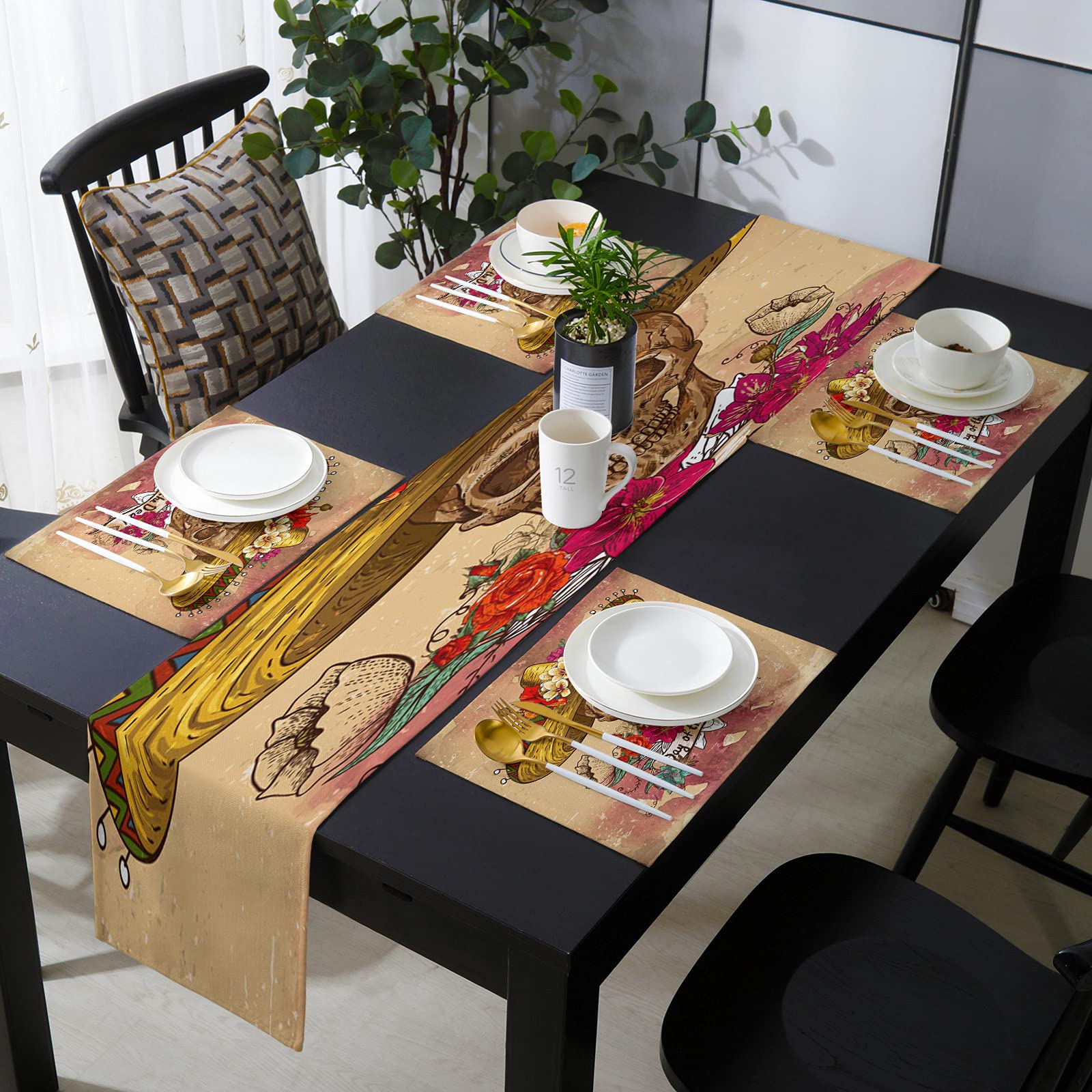 72 Inch Straw Hat Skull Flowers Table Runner and 6-Piece Placemats Set - Non-Slip Cotton Linen Dining Table Decor for Home, Kitchen, Party & Holiday Dinner Settings