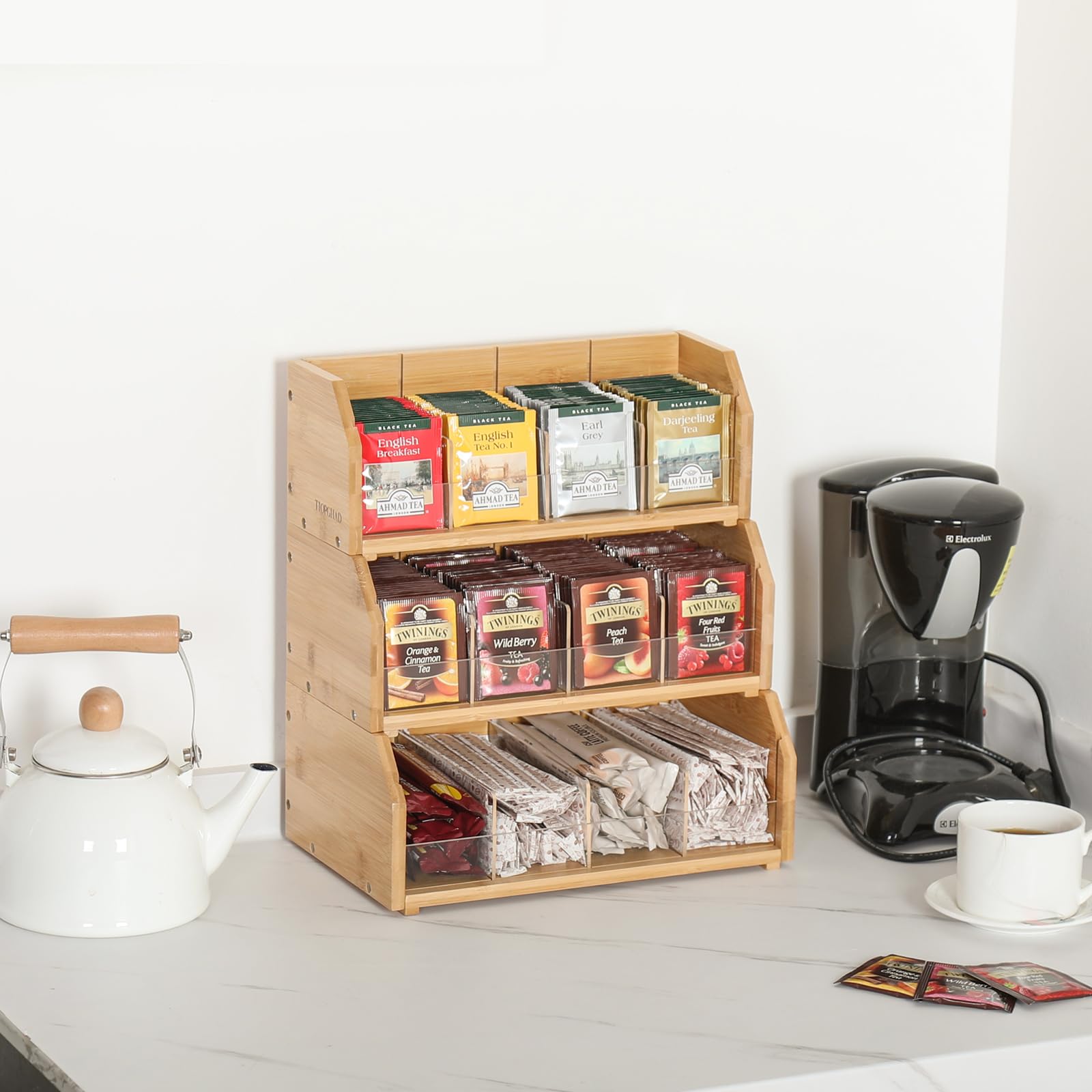 3-Tier Stackable Bamboo Tea Bag Organizer - Wooden Tea Box Container with Patented Design for Kitchen, Office & Countertop Storage - Perfect for Organizing Tea Bags in Cabinets or Desks