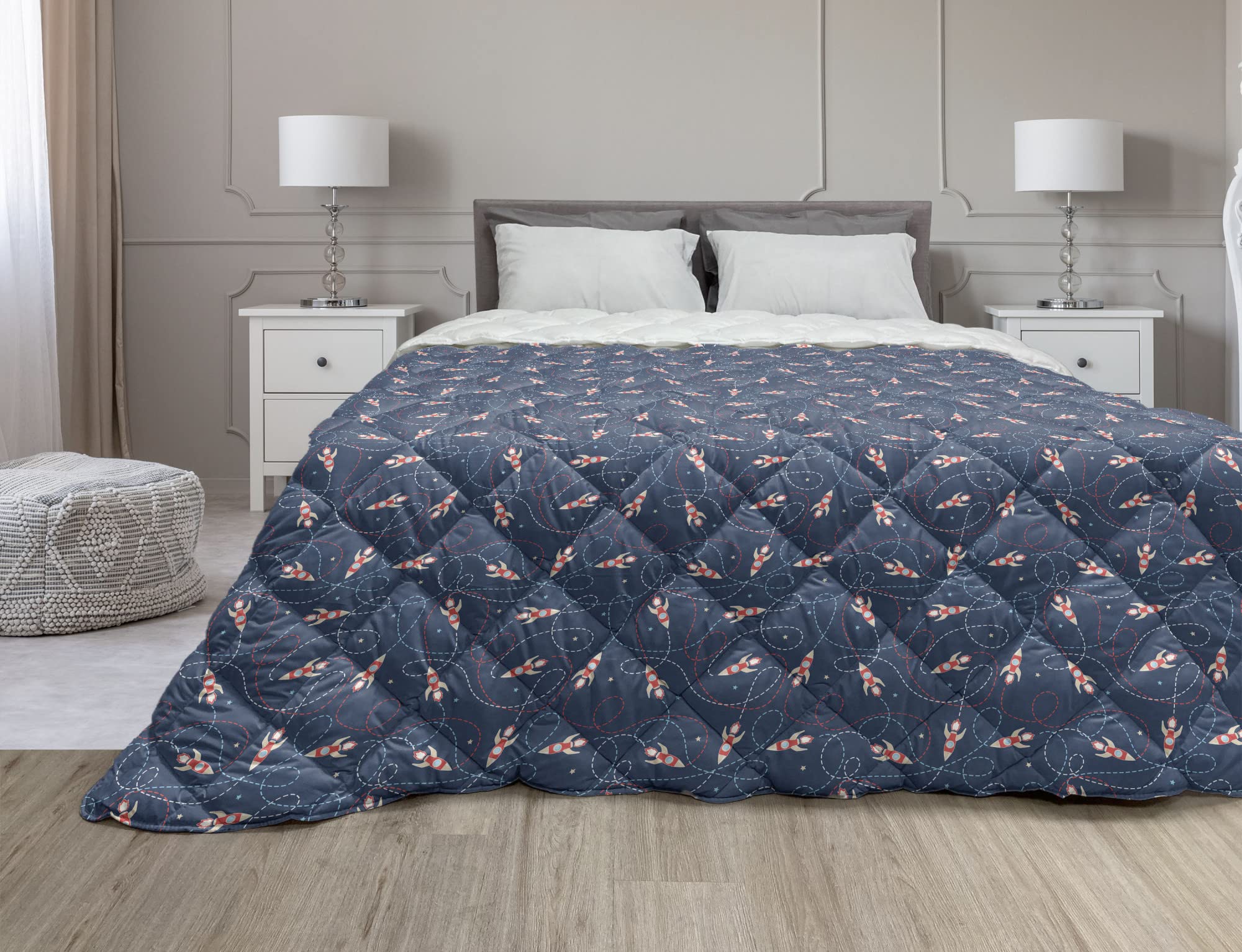 Ambesonne Galaxy Down Alternative Comforter Queen Size - Space Themed Bedding with Rockets & Stars on Dark Pink Indigo Starry Sky - All Season Microfiber Quilt for Teens & Adults - Perfect for Space Lovers' Bedroom, Dorm Room or Gift