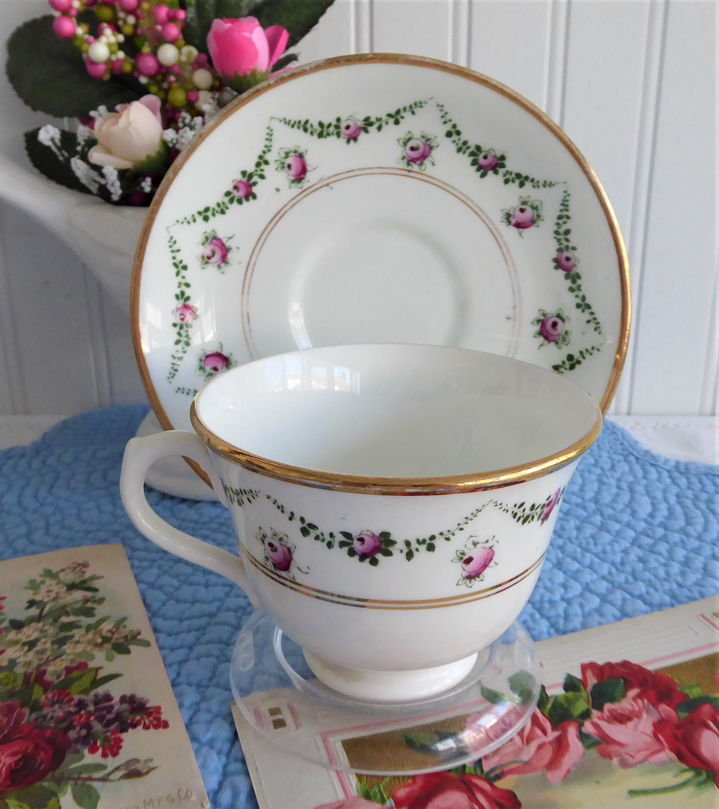 Vintage Edwardian Royal Albert Crown Cup & Saucer Set - Rosebud Swags with Gold Trim (1910 Bone China) - Elegant Floral Tea Set for Afternoon Tea, Wedding Gifts & Vintage Collectibles