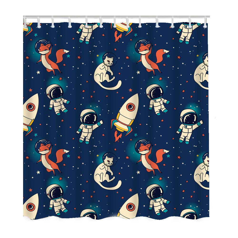 Cute Space Theme Shower Curtain Set with Cats, Foxes, Stars & Astronauts - 72x90 Inch Polyester Bathroom Decor for Kids & Adults - Perfect for Galaxy-Themed Bathrooms, Dorm Rooms & Space Enthusiasts