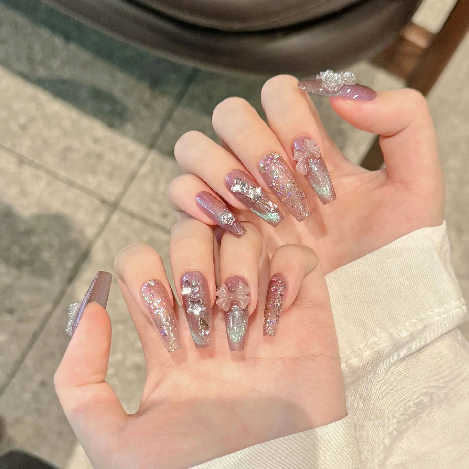 10Pcs Long Coffin Ballerina Press on Nails - Crystal Handmade False Nails with Diamond Glitter & Butterfly Design, Ombre French Tips for Women - Perfect for Parties, Weddings & Special Occasions