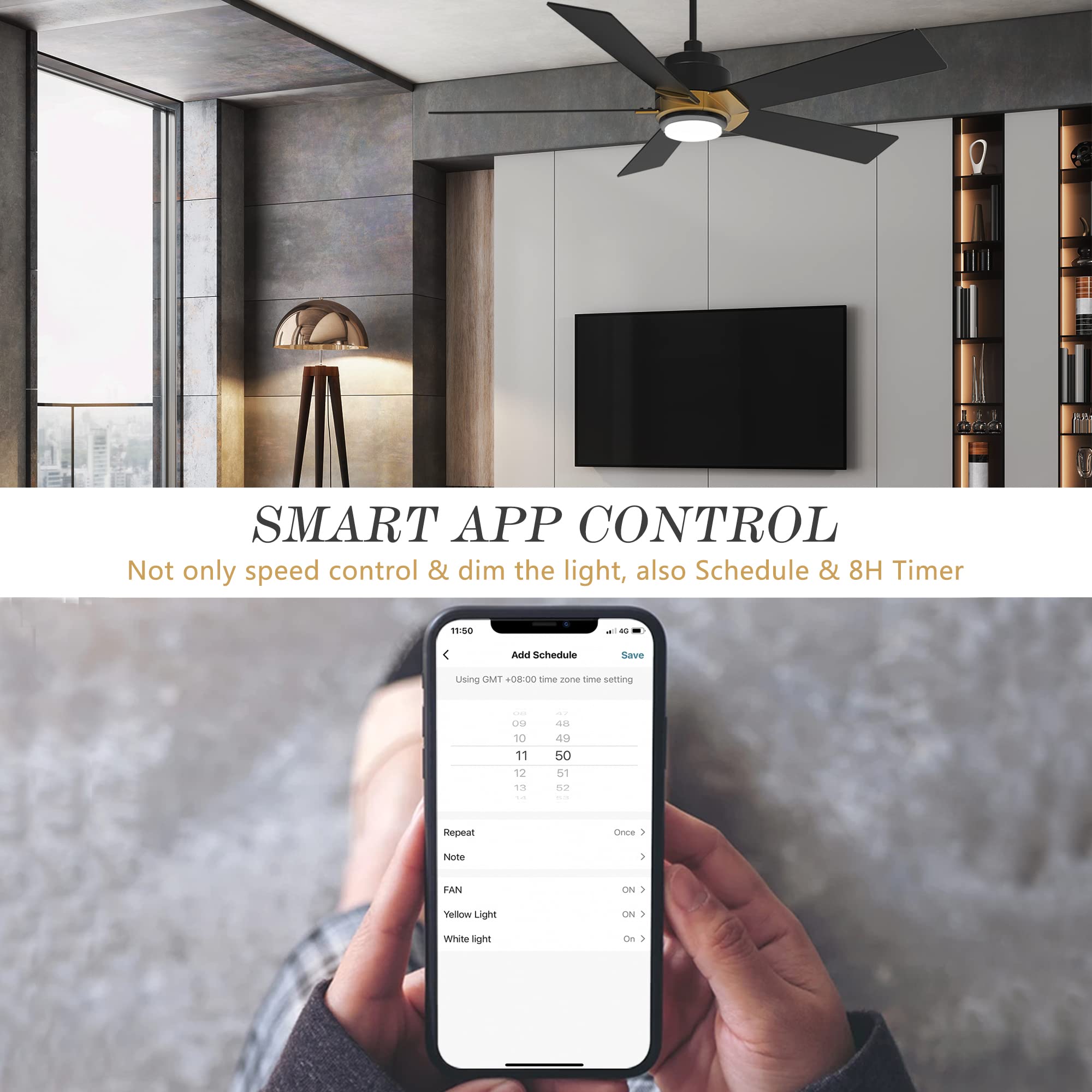 SMAAIR 52 Inch Smart Ceiling Fan with Lights - Low Profile, Dimmable LED Light, 10-Speed Reversible DC Motor, APP/Alexa/Google Assistant/Siri Voice Control (Black/Gold) - Perfect for Bedroom, Living Room and Office Spaces
