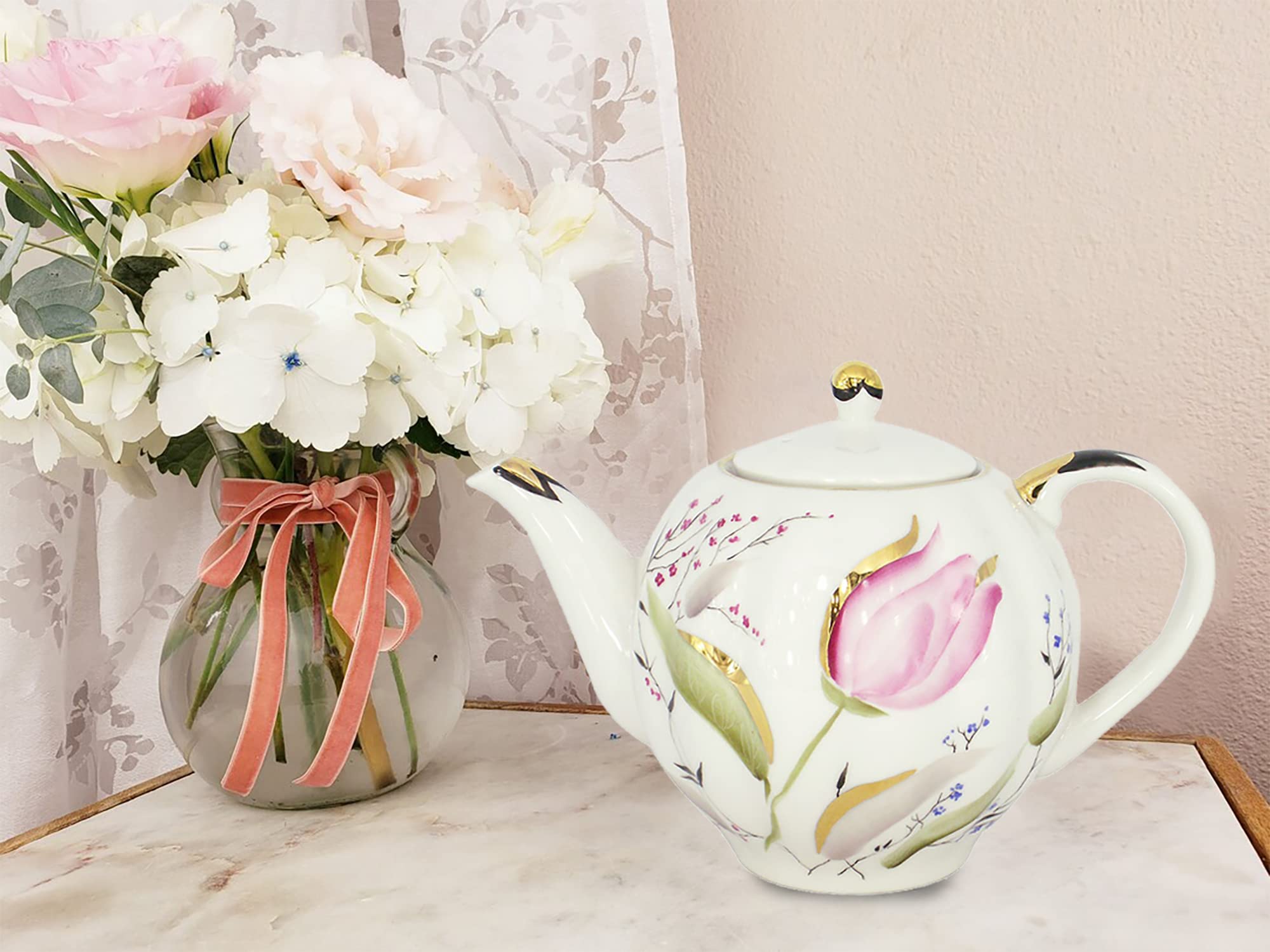 Lomonosov Porcelain Teapot with Pink Tulip Design - 3 Cup (20 oz / 600 ml) Capacity - Elegant Russian Tea Set for Afternoon Tea, Gifts & Home Decor