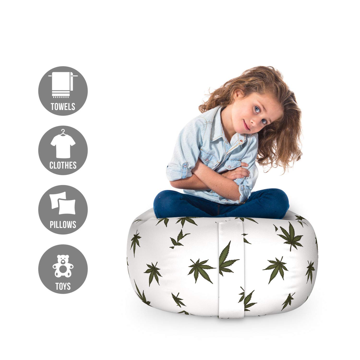 Ambesonne Dark Green & White Botanical Storage Toy Bag Chair with Leaves & Flowering Plant Design - Washable Stuffed Animal Organizer for Kids' Room, Nursery or Playroom - Small Size Hemp Fabric Storage Solution for Toys, Blankets & Plushies