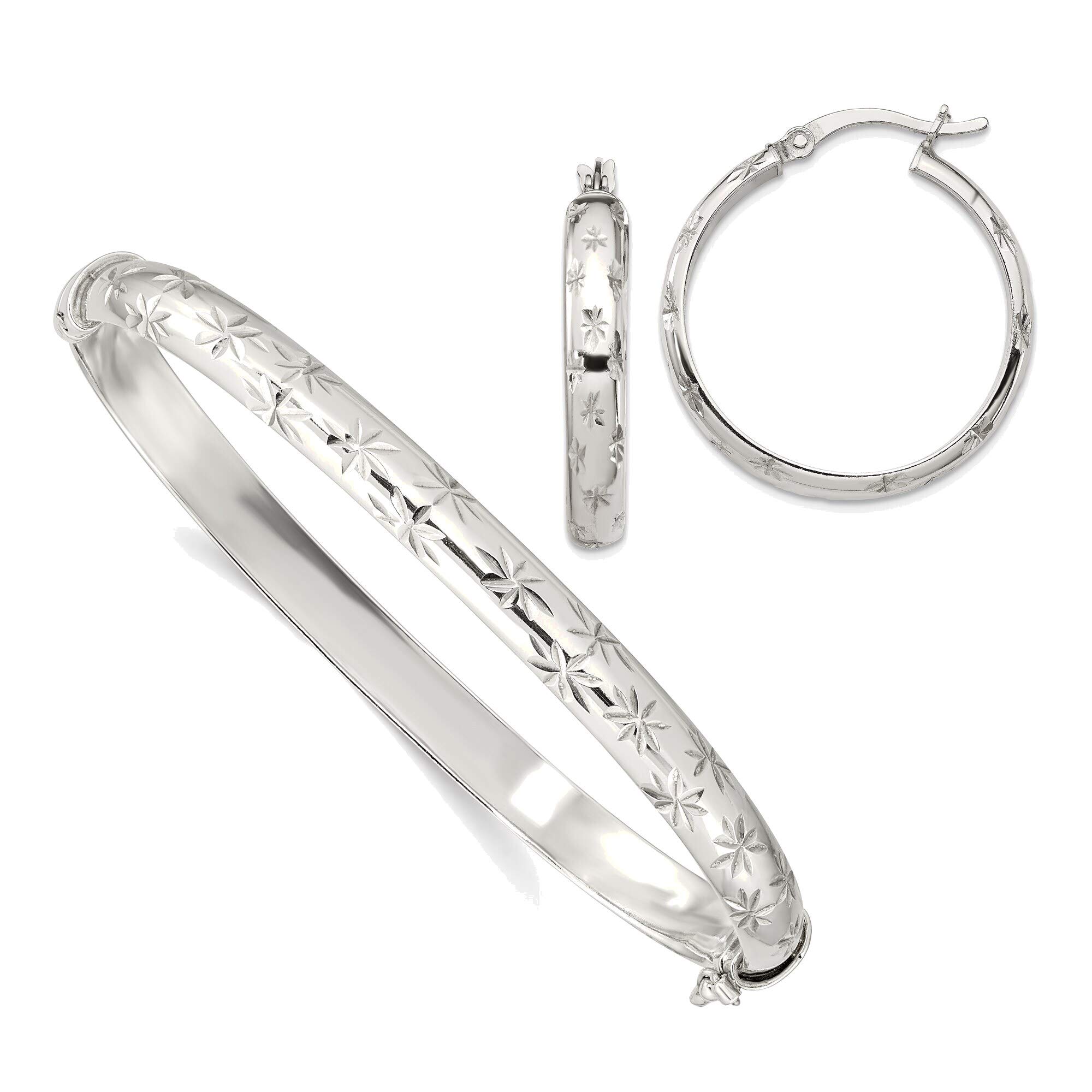 Bonyak Jewelry Sterling Silver Diamond-Cut 6mm Bangle Bracelet & 4mm Hoop Earrings Set for Women - Elegant Gift for Birthday, Anniversary & Special Occasions