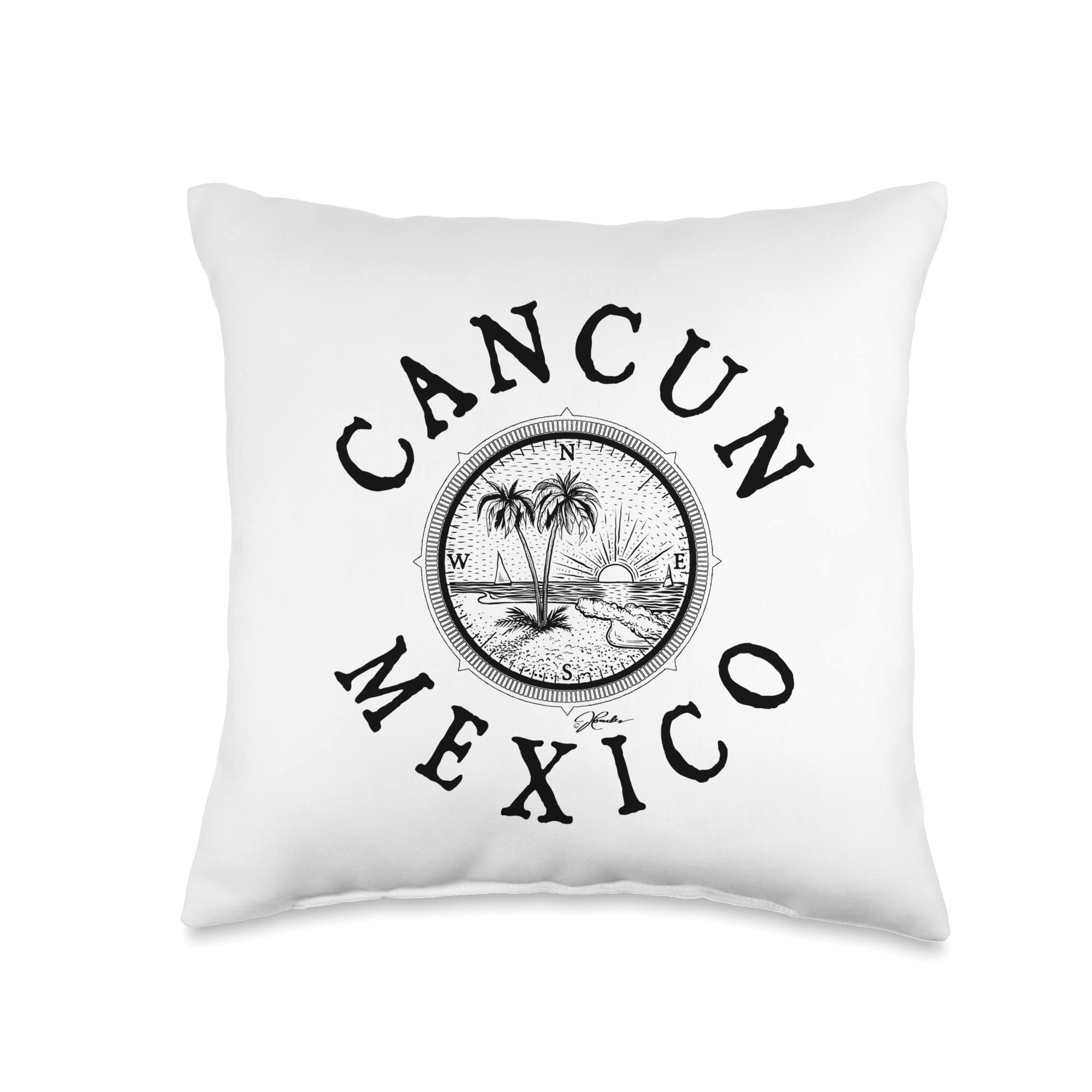Stylish Cancun Mexico Compass Rose & Beach Throw Pillow - Perfect for Coastal Home Decor, Vacation Rental Accents, and Tropical Living Room Accessories