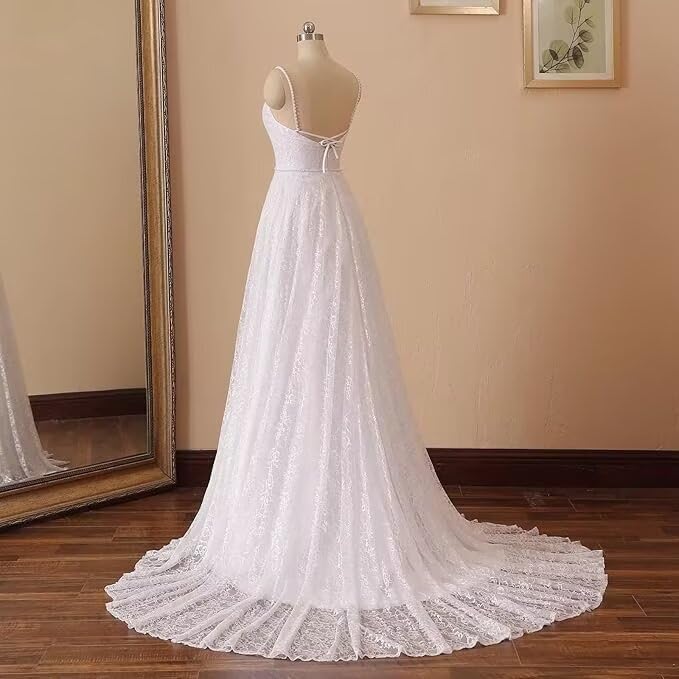 2021 Beach Wedding Dress - V Neck Lace Chiffon Bohemian Bridal Gown for Outdoor Ceremony & Destination Weddings