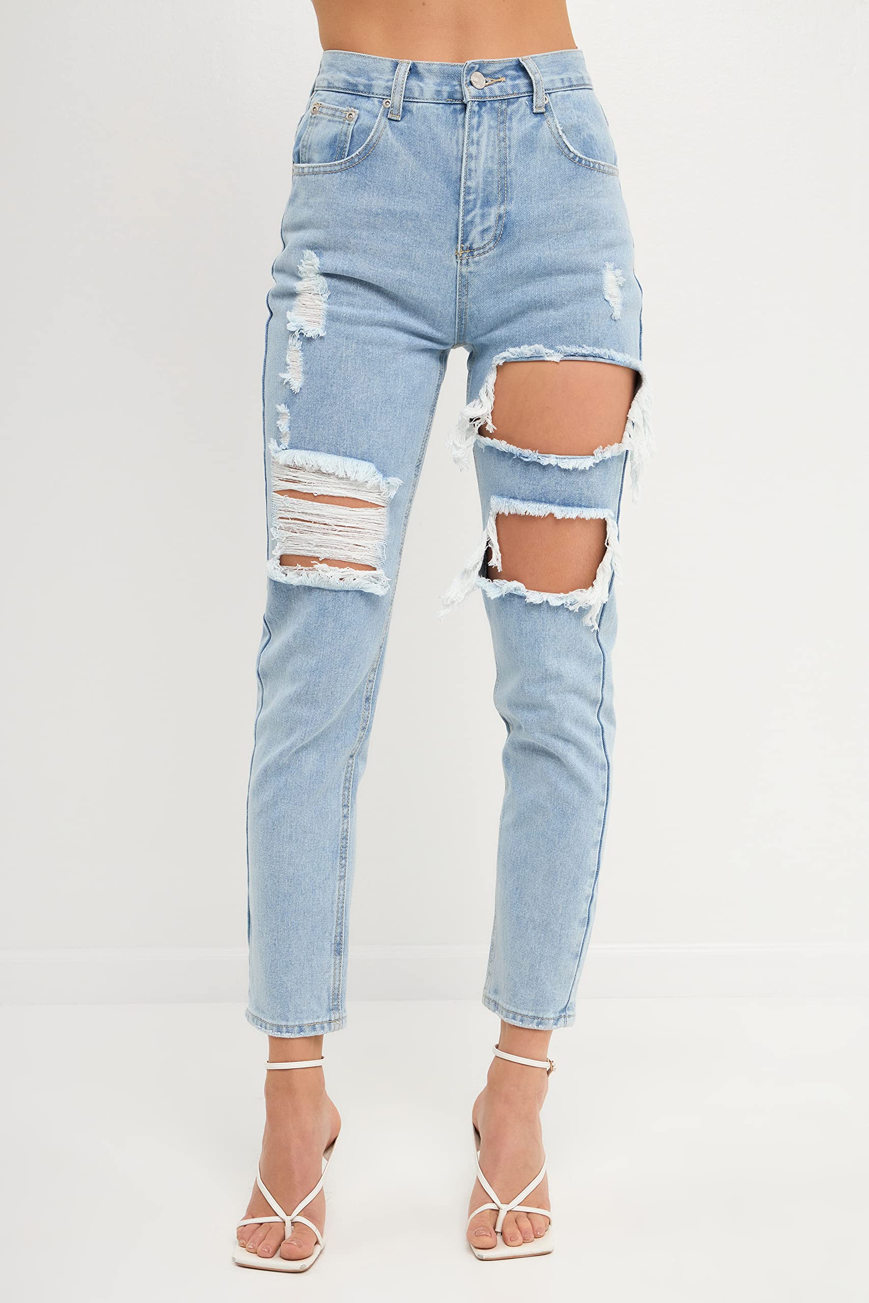 Women's High Waist Cut Out Ripped Straight Leg Jeans - Distressed Denim Pants for Casual Wear & Street Style Outfits