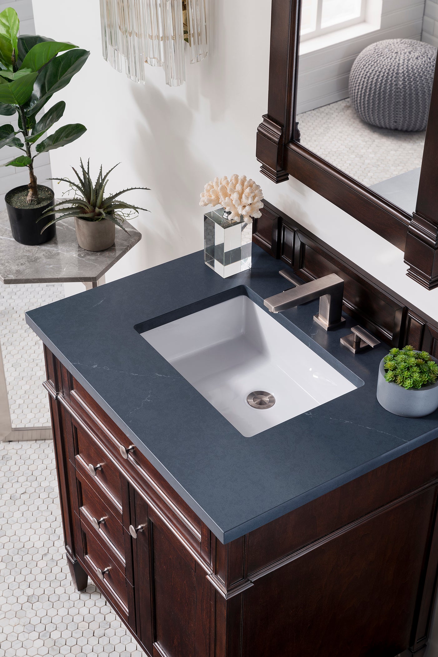 Brittany 30-Inch Single Bathroom Vanity with Burnished Mahogany Finish & 3CM Charcoal Soapstone Quartz Top - Perfect for Modern Master Bath or Powder Room Makeovers