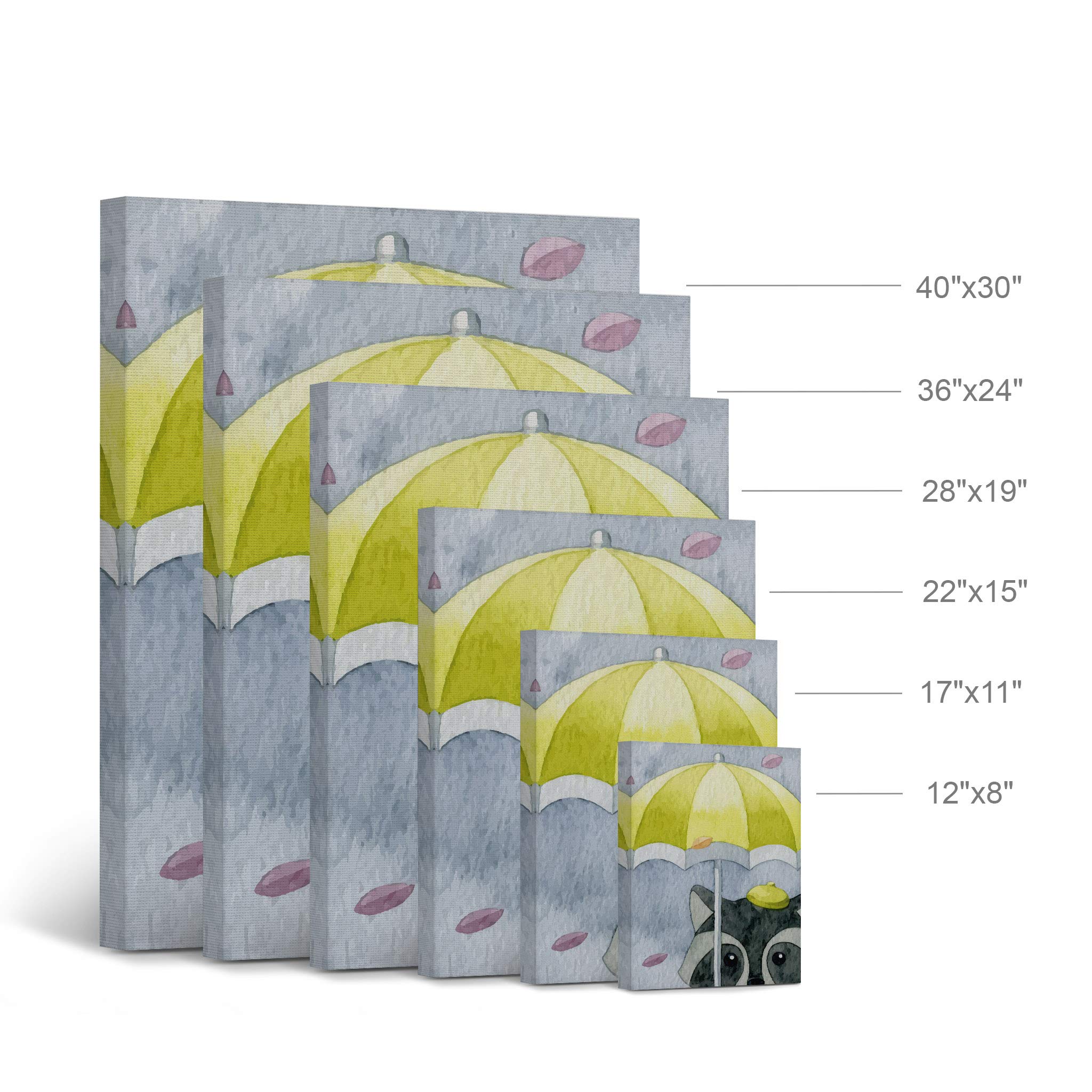 Smile Art Design Cute Raccoon Umbrella Painting - Gray Background Autumn Theme Canvas Print - Kids Room Decor, Nursery Wall Art - Ready to Hang 36x24 - Made in USA - Perfect for Baby Shower Gifts & Children's Bedroom Decoration