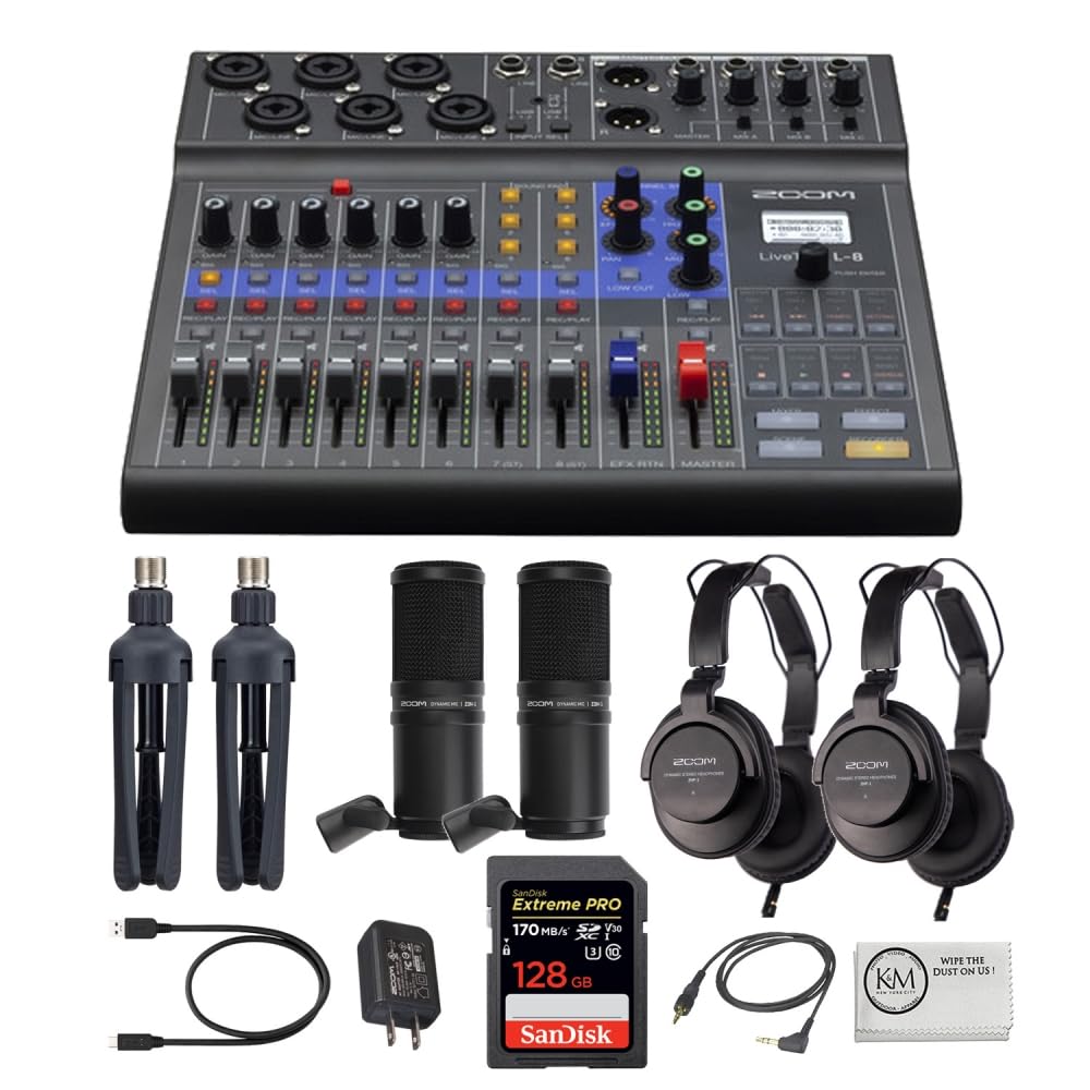 Zoom LiveTrak L-8 8-Channel Digital Mixer & Multitrack Recorder with 128GB SD Card, 2 Podcast Mic Kits & Cleaning Cloth - Perfect for Podcasting, Live Streaming, Music Recording & Home Studio Productions